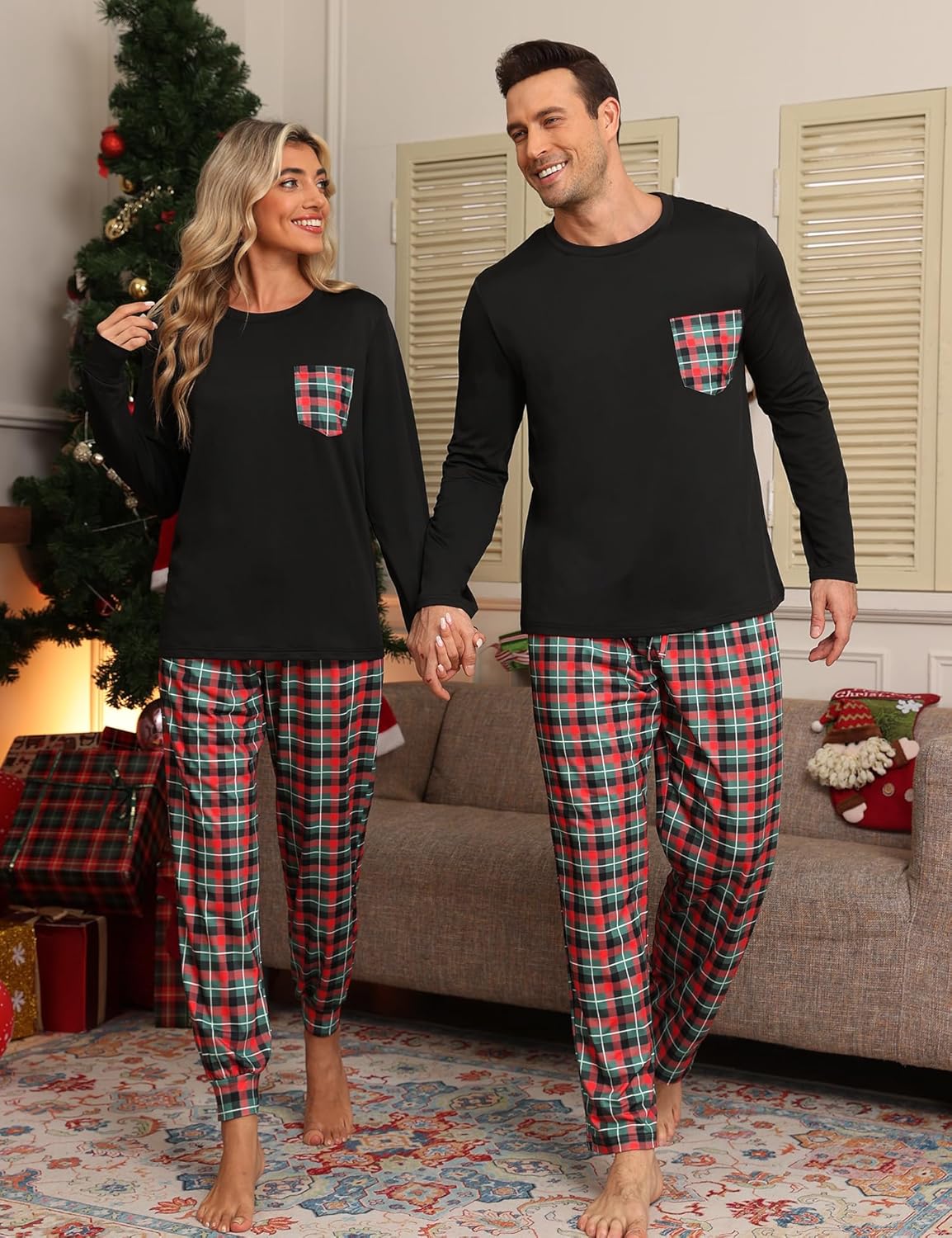 Christmas Pajamas Set Women & Men 2 Piece Buffalo Plaid Pajama Pants Fleece Tops For Couple & Family PJs Loungewear - Image 2