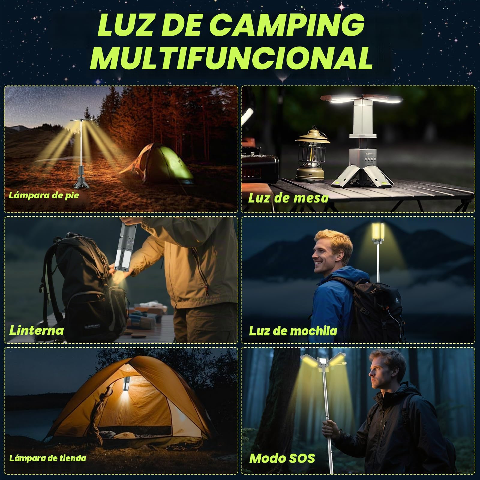 SakerPlus Linterna telescópica de camping, fuente de alimentación recargable de 14000 mAh, lámparas magnéticas regulables de 6000 lúmenes, iluminación de trabajo