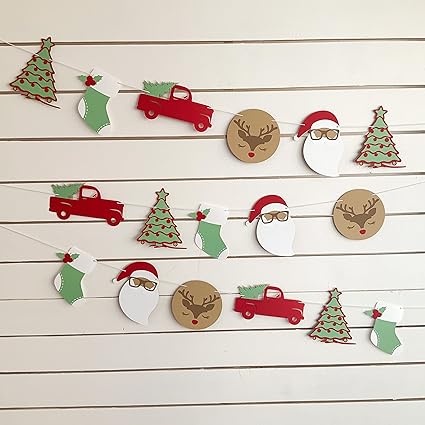 Pinfliers Merry Christmas Paper Banner/Hanging/Bunting/Garland, Xmas Tree/Christmas Paper Wall Decoration Item for Home, A Set of 10 Pieces, 46 inches Length, Red, Green & White