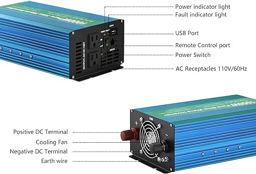 Miniatura 4 de Inversor de corriente de onda sinusoidal pura 1000W DC12V a CA 110V con enchufes dobles y USB, kit remoto LCD. (1000W)