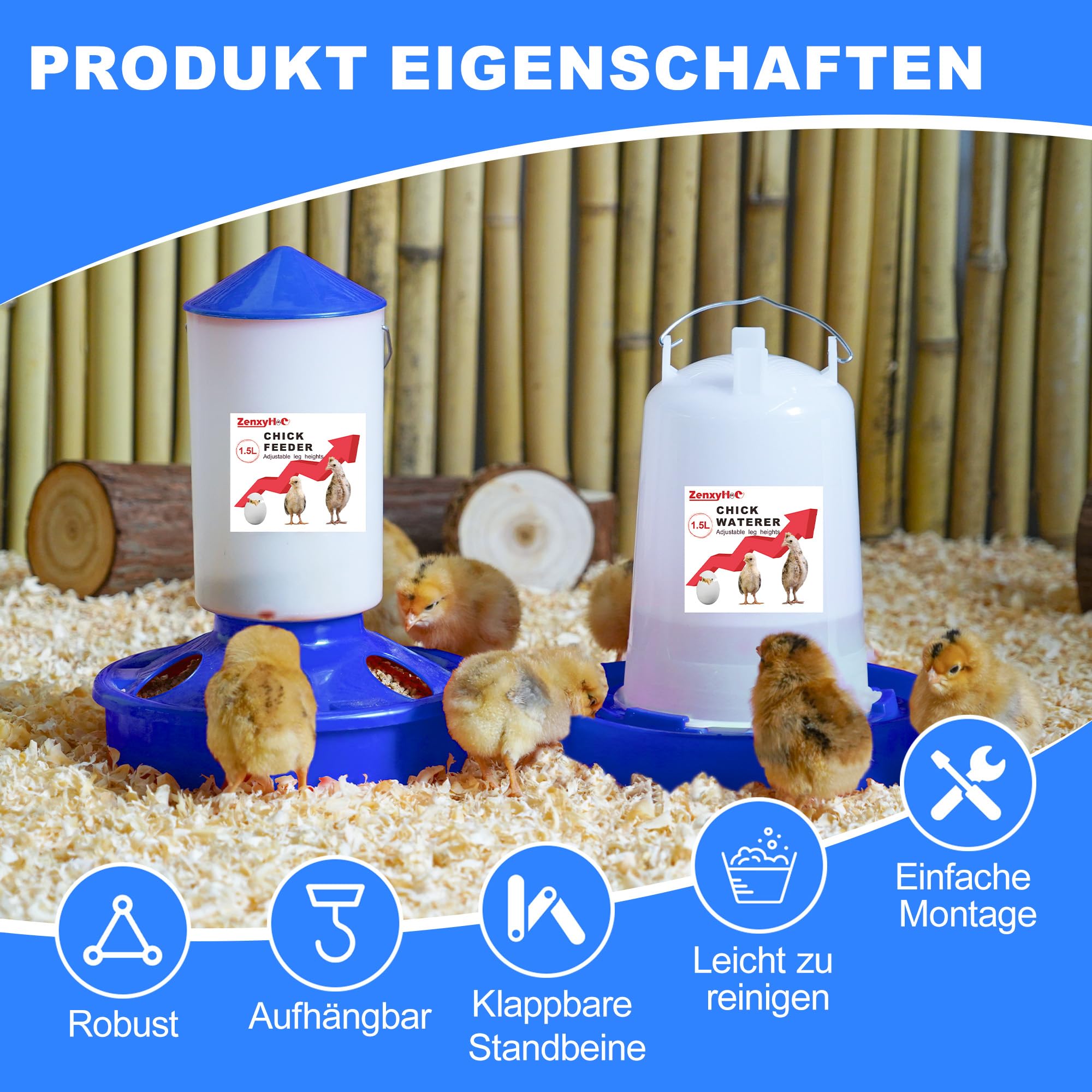 ZenxyHoC Küken Futterautomat und Tränke Set, 1,5 L Hühner Futterautomat und 1,5 L Hühnertränke mit 3 Höhenverstellbaren Höhen für Hühnchen, Blau | Füllung von oben, inklusive Schaufel, 3 verstellbare Höhen, Haken und Anti-Ertrinken-Design. Aus BPA-freiem