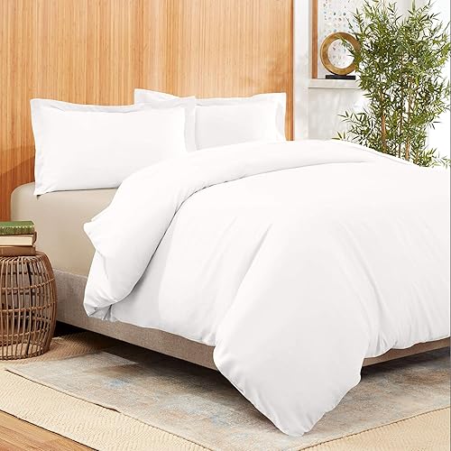 AMAY Giza - Juego de funda de edredón de algodón de 500 hilos, 3 piezas, súper lujoso, elegante, tamaño King, color blanco sólido