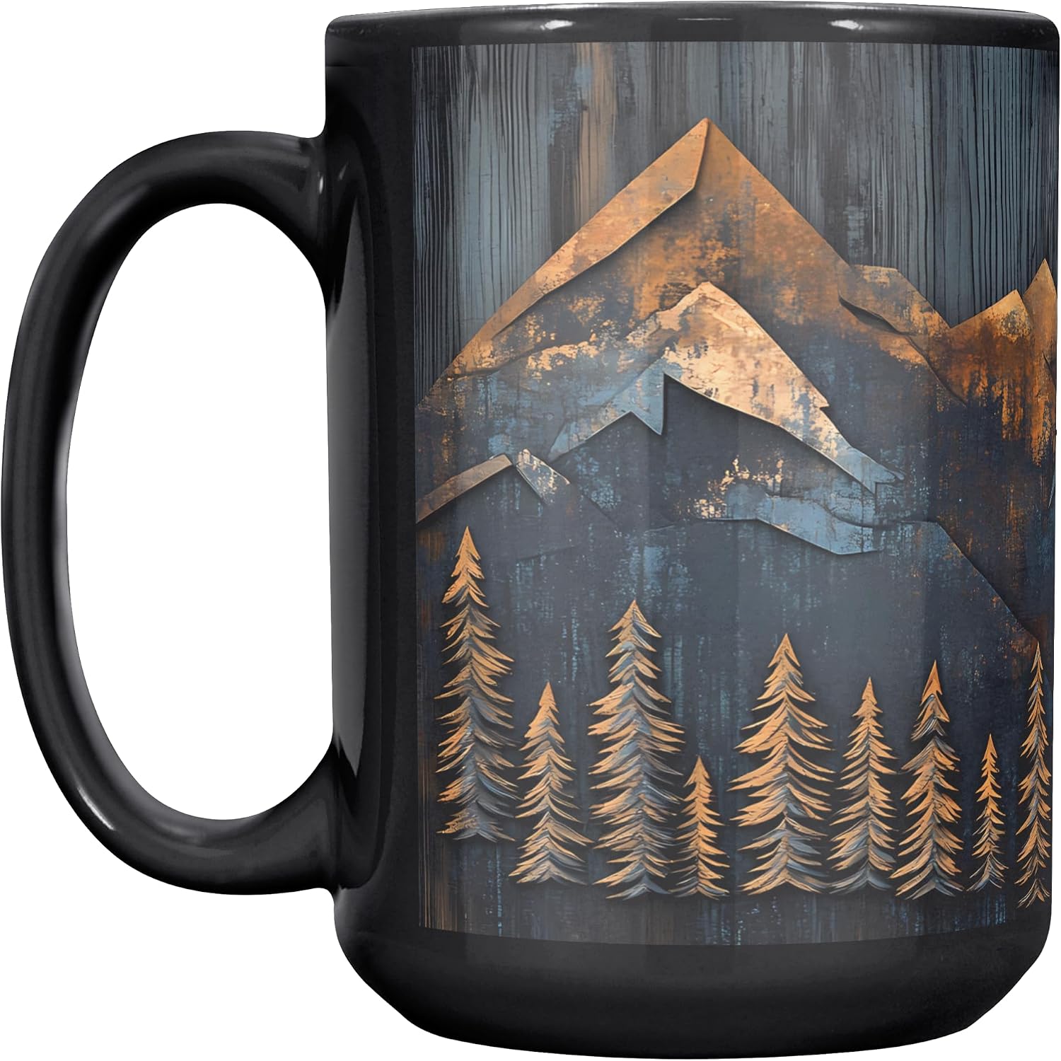 Mountains and Forest Trees Coffee Mug – One Mug, Full Wrap Design (Not Textured) – Outdoorsy Gift for Nature Lovers, Hikers, Campers & Rustic Cabin Decor – 15oz Black Ceramic Cup