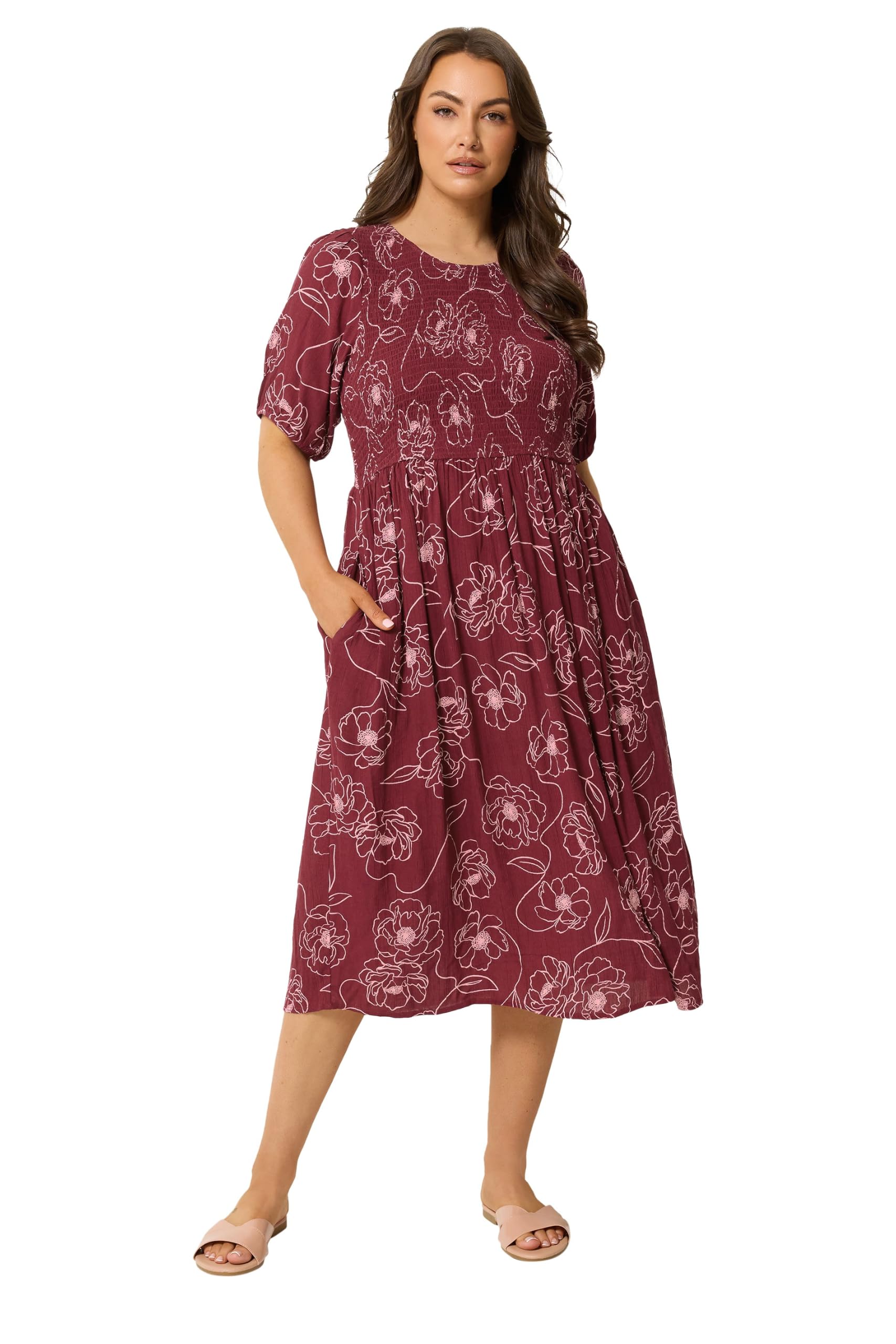 Yours Women's Dark Red Curve Red Floral Swirl Puff Sleeve Shirred Dress - Plus Size Curve