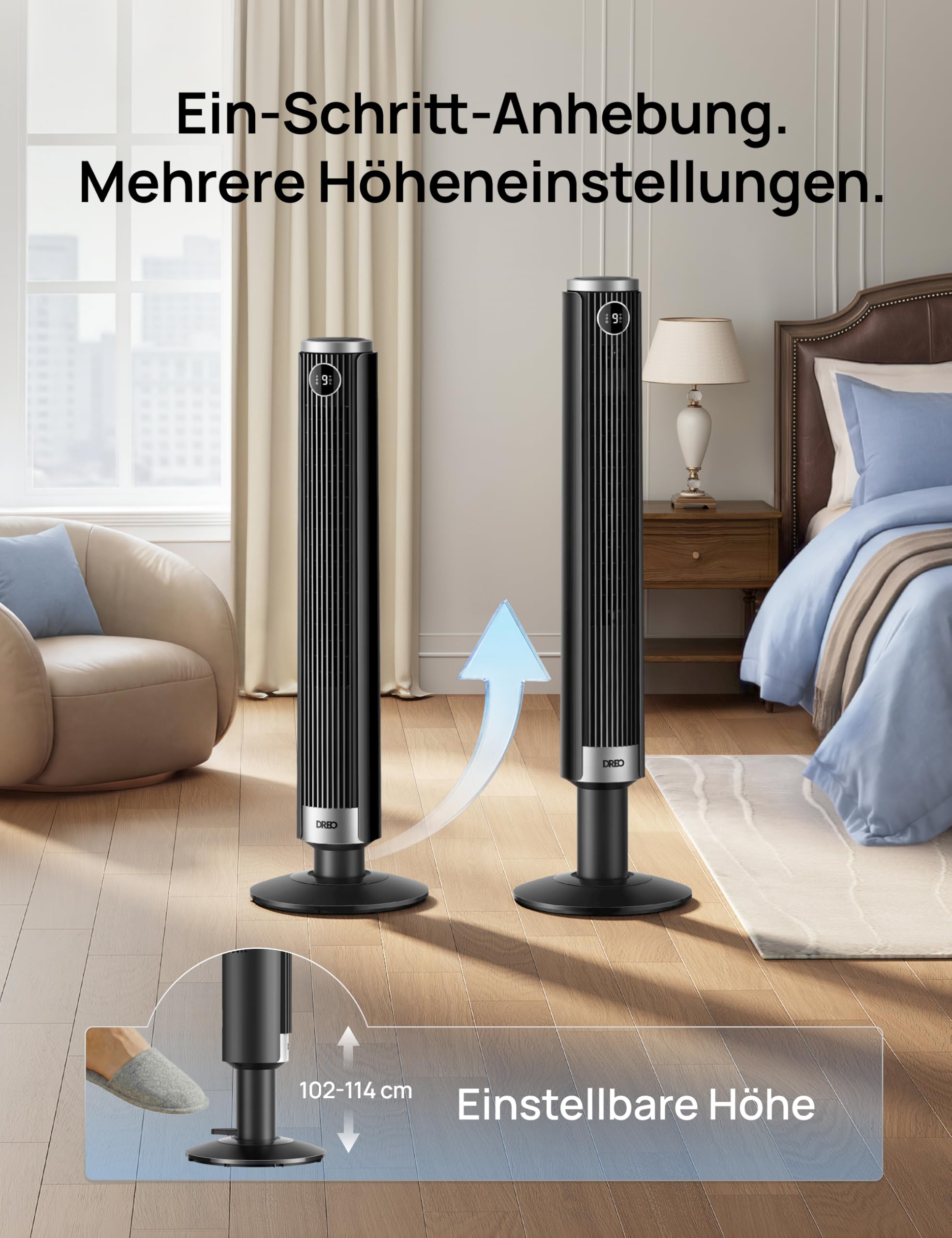 DREO Smart 102–114cm Turmventilator fürs Schlafzimmer, Höhenverstellbar, 8.4m/s, DC-Motor, 9 Stufen, 4 Modi, 90°-Oszillation, Standventilator, 20dB Leise, 12H Timer für Zuhause und Büro, Google/Alexa