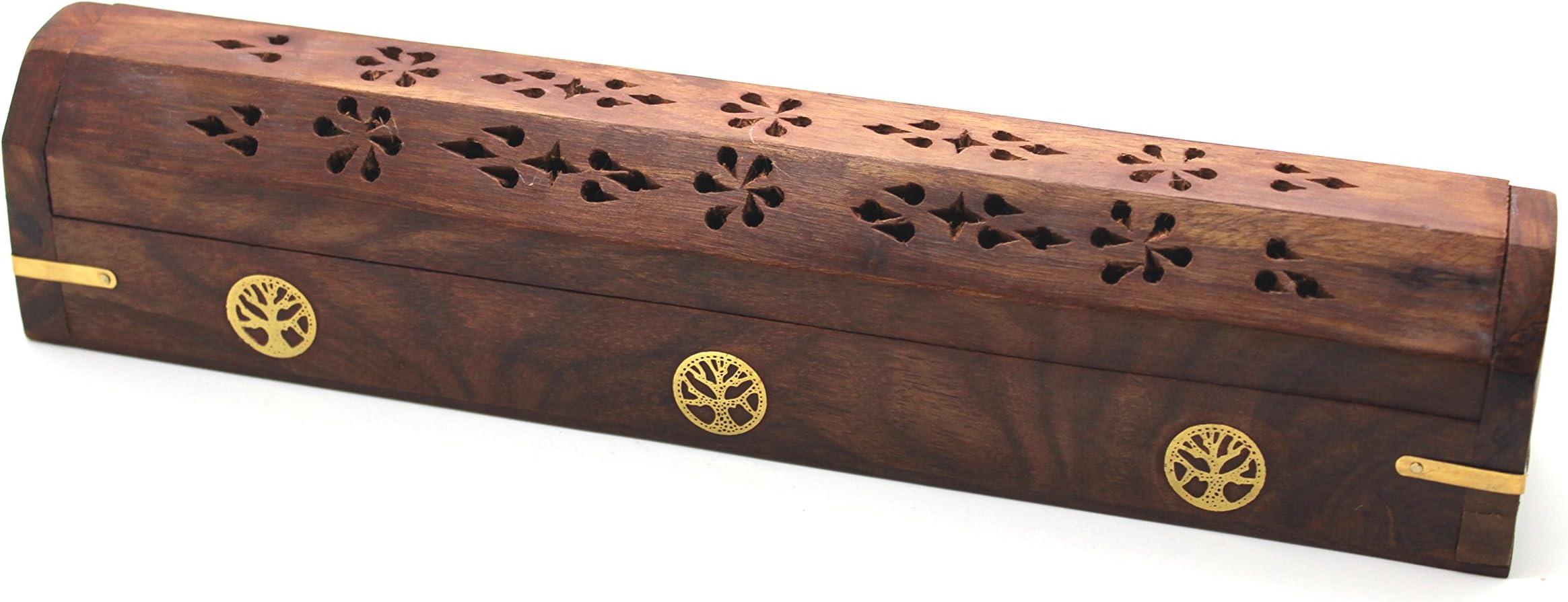 Govinda® Wooden Coffin Incense Burner - 12" Tree of Life - Brass Inlays - Storage Compartment