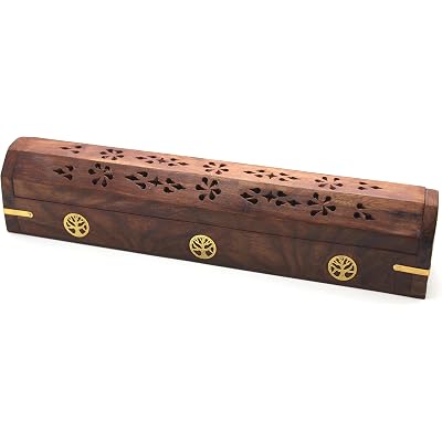 Govinda® Wooden Coffin Incense Burner - 12" Tree of Life - Brass Inlays - Storage Compartment