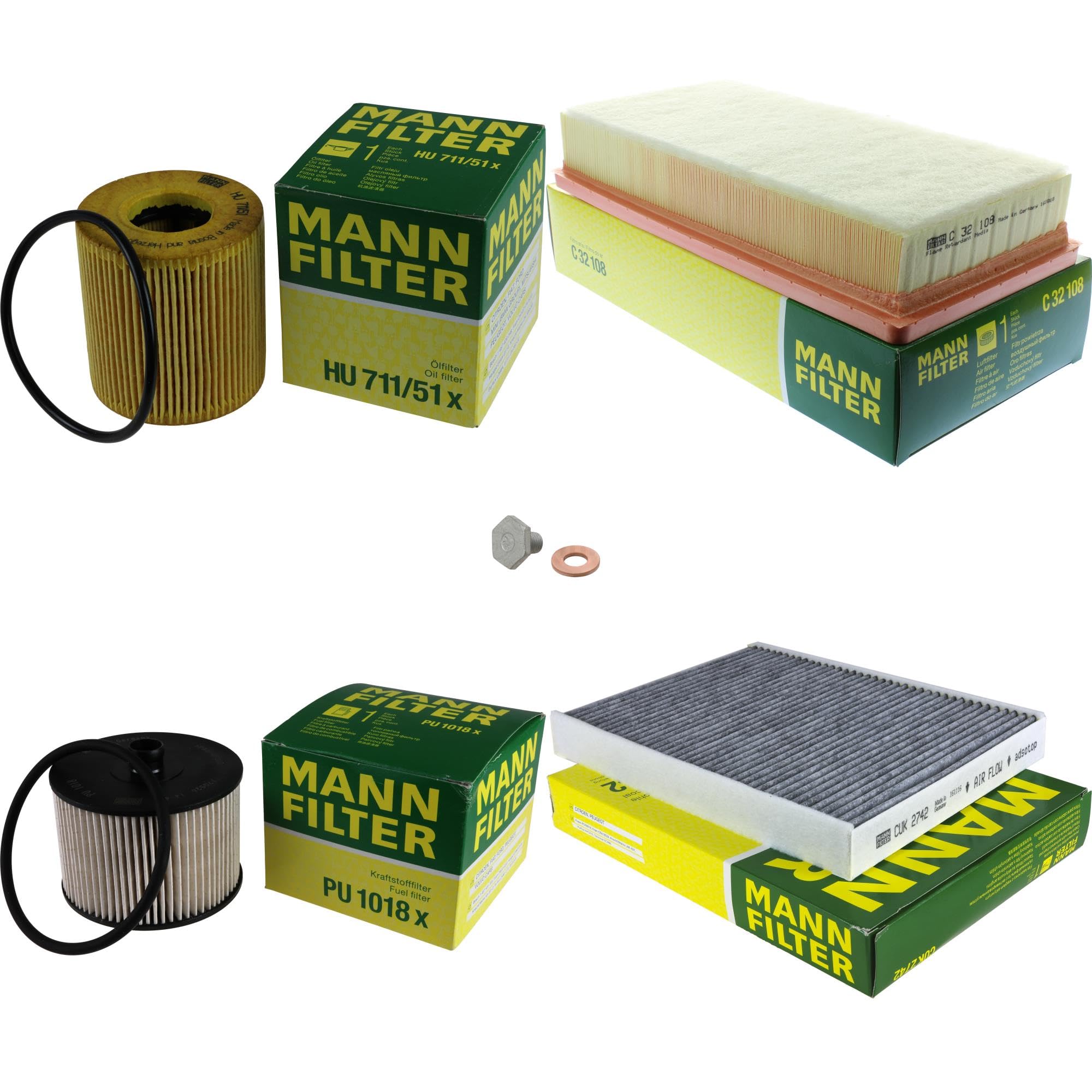 Paquete de inspección Kit de mantenimiento de filtros con filtro de aceite HU 711/51 x, filtro de aire C 32 108, filtro de combustible PU 1018 x, filtro de habitáculo CUK 2742, tornillo de