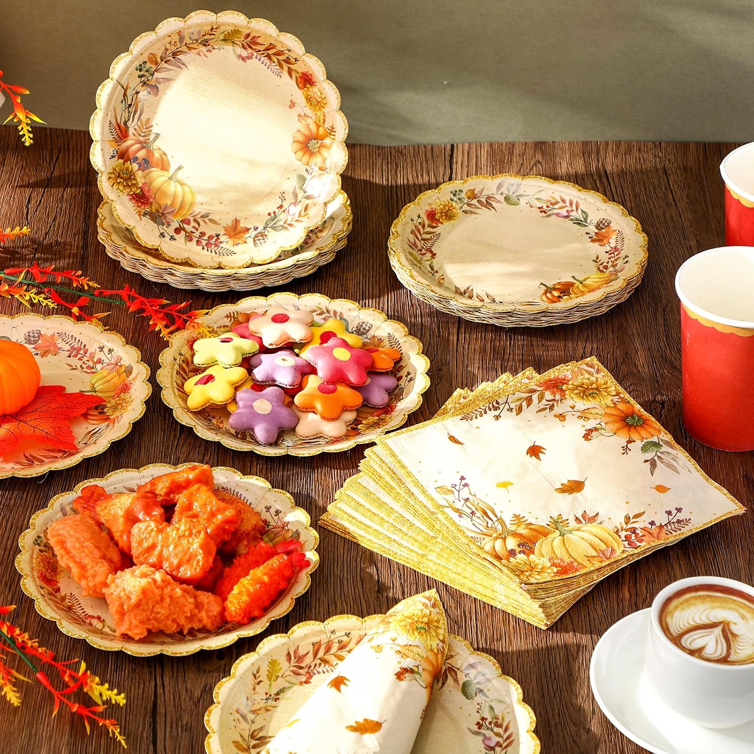 Havawish 96 Pcs Thanksgiving Paper Plates and Napkins Set Serve 48, 7 Inch Fall Plates and Napkins Fall Party Supplies Disposable Pumpkin Maple Leaves Autumn Dinnerware Decoration