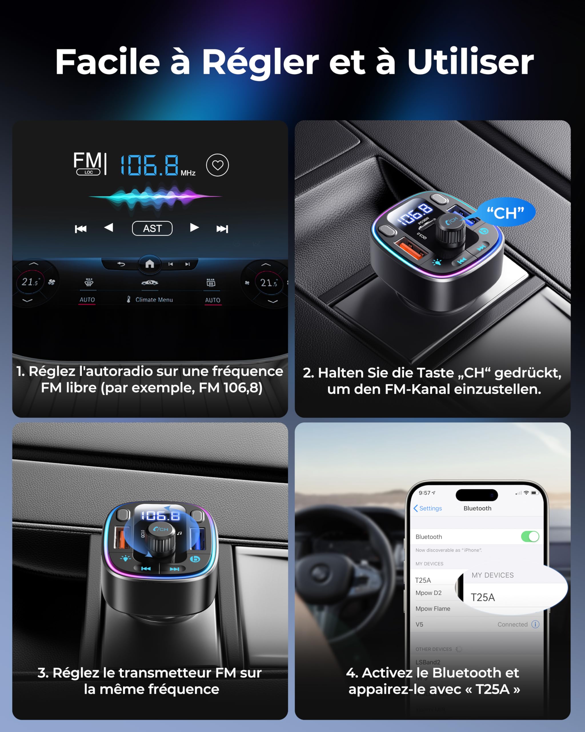 LENCENT Transmetteur FM Voiture Bluetooth 5,4 et 54 W, Adaptateur Bluetooth, Double Ports USB, Charge Rapide (PD 36 W & QC3,0), Adaptateur de Musique, Appel Mains Libres, Double Microphone et clé USB