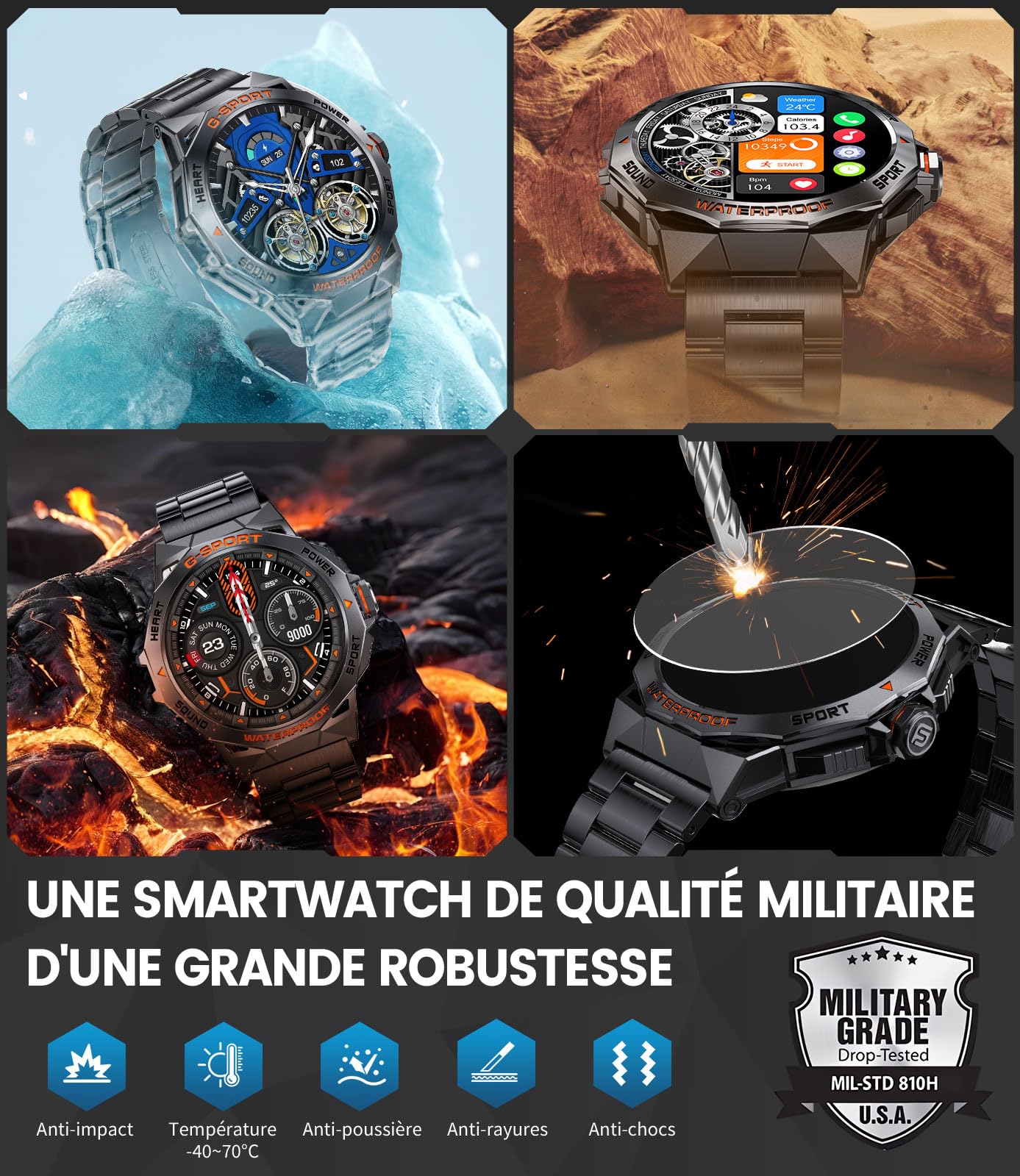 DREMAC Montre Connectée Homme avec Appel 1,43'' AMOLED Militare Montre Connectée,120+ Modes Sportifs,24/7 Moniteur de Fréquence Cardiaque SpO2 et Sommeil,400mAh Batterie,IP68 Étanche,pour Android iOS