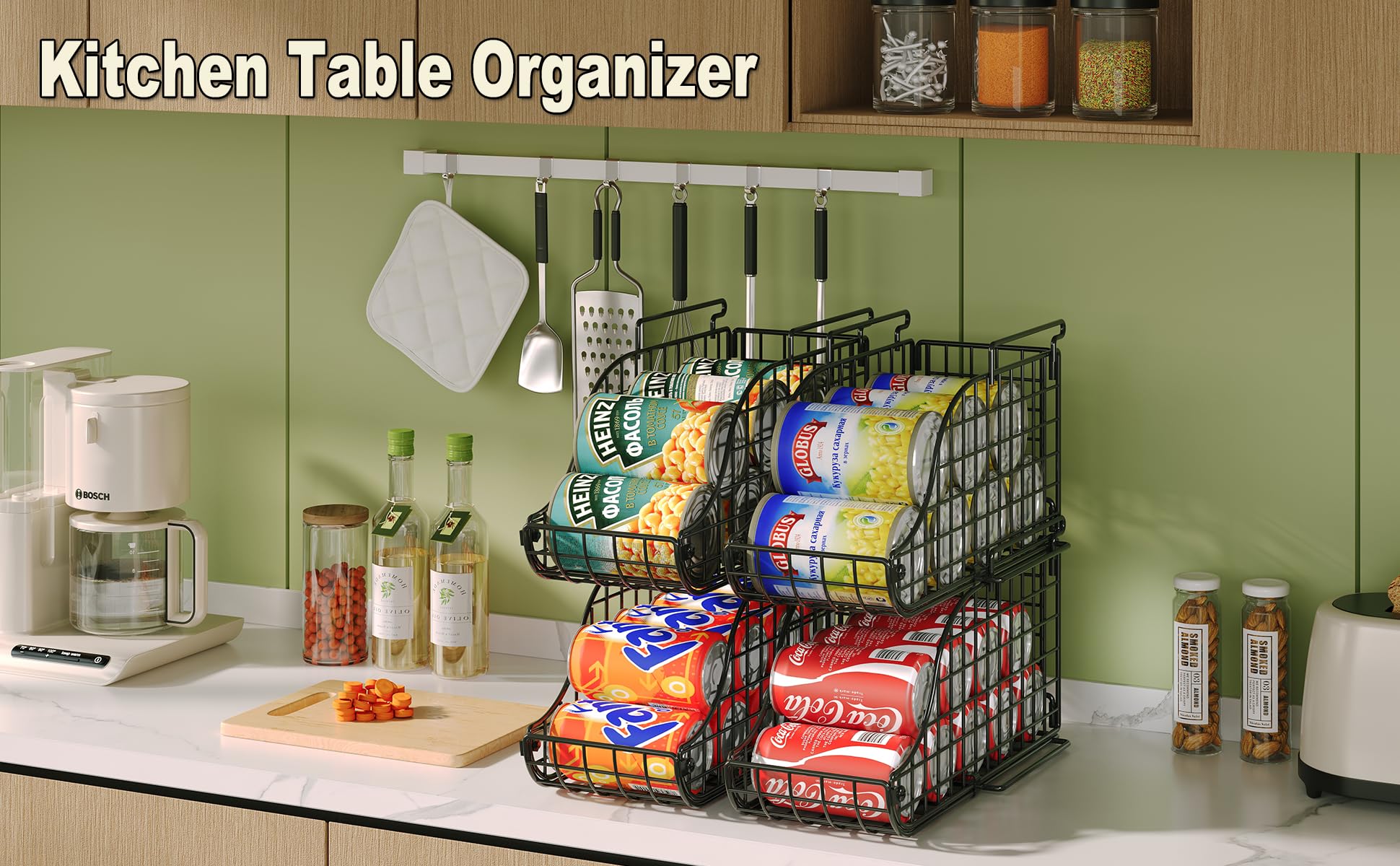 Paquete de 8 organizadores de latas para despensa, estantes apilables de soda para nevera, almacenamiento de armario de alambre, capacidad para hasta 72 cervezas, cubo de metal pequeño para bebidas 8