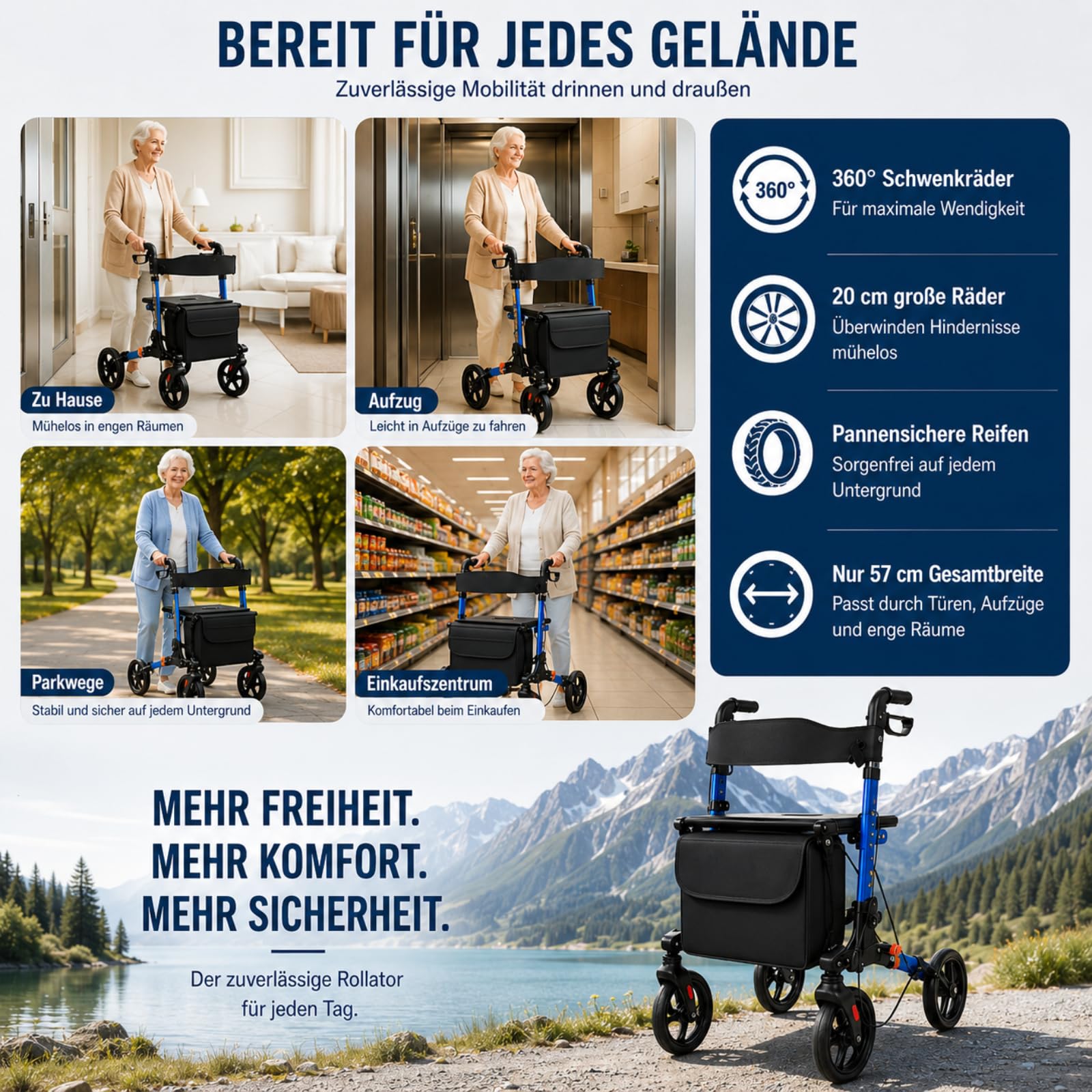 Leichtgewicht Rollator Faltbar und Leicht mit Sitz, 6-fach Höhenverstellbar Geeignet für 160 185 cm, Aluminium Gehhilfe mit Feststellfunktion Stockhalter und Abnehmbare 8L Einkaufstasche