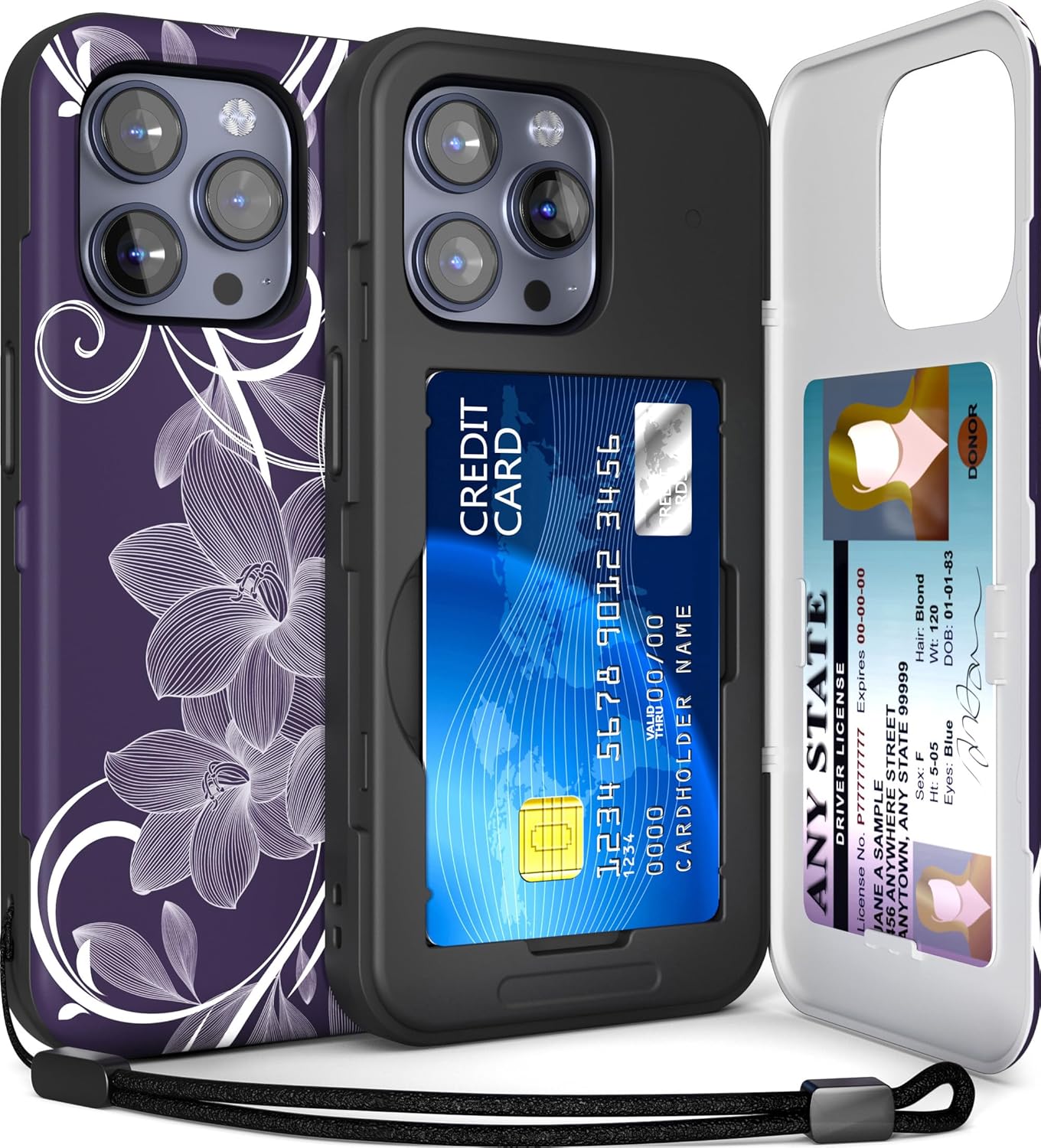 TORU for iPhone 15 Pro Max Wallet Case with Card Holder, Hidden ID Credit Card Slot Flip Kickstand, Slim Fit Shockproof Heavy Duty Phone Cover with Strap - Floral Pattern Flowers