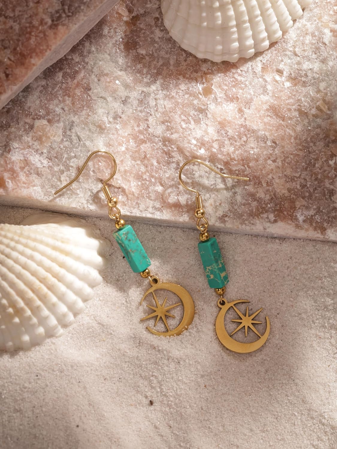 MINACHI Boho Sunburst Charm and Green Stone Drop Earrings, Handmade Gold Tone Hippie Danglers For Women - Image 6