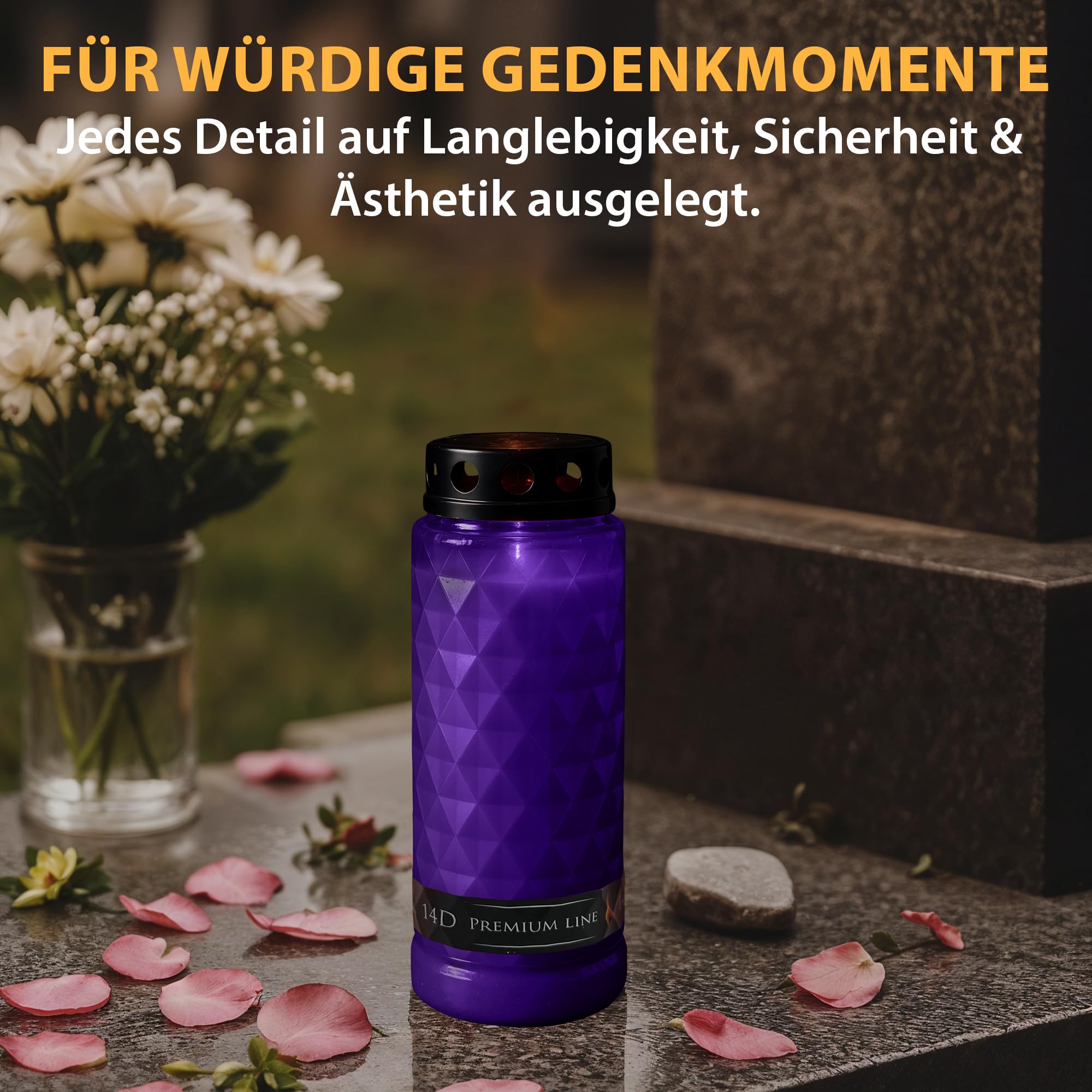 8x Grabkerzen mit 14 Tagen Brenndauer - windgeschützte Zweiwochenbrenner als Trauerkerze & Grablicht in Lila/Violett Gedenkkerzen mit Deckel & stabilem Stand für stilvolle Grabbeleuchtung