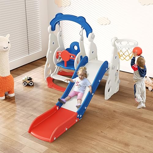 Miniatura 6 de Tobogán para niños pequeños, 4 en 1, mejora con tobogán para niños, columpio, aro de baloncesto y espacio de almacenamiento para niños de 1 a 3