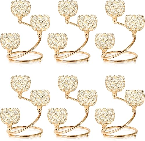 Miniatura 14 de Juego de 3 portavelas de cristal de metal dorado, elegante centro de mesa de metal de 5 brazos con cuenco de cristal brillante, decoración de mesa