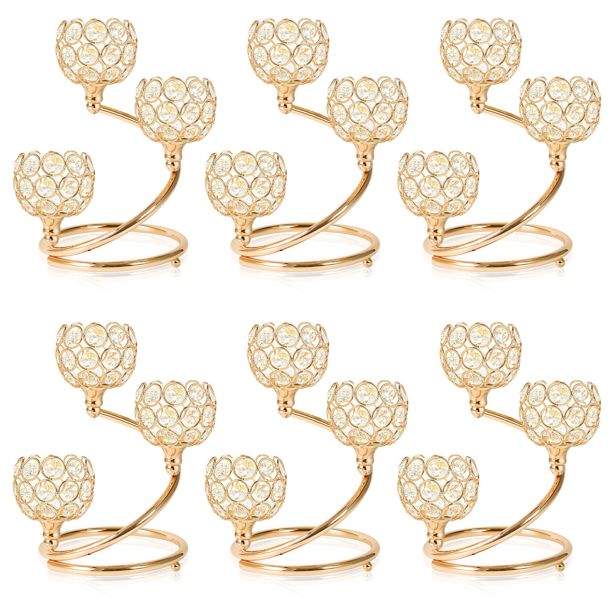 Photo 1 of KEHAIL Metal Crystal Candle Holder Set of 6 - Elegant 3-Arm Metal Tea Light Centerpiece with Shining Crystal Bowl, Wedding Anniversary Table Decor for Dining, Party (Gold, 6 Pcs 3 Arm)