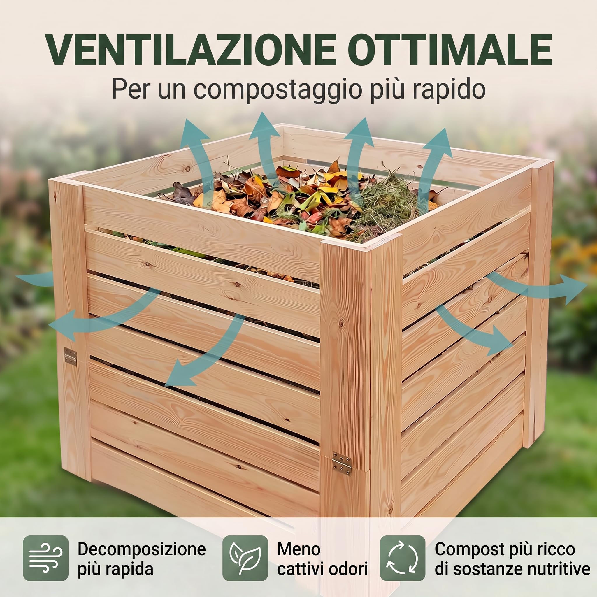 VELORA H&L Compostiera 512 L - Compostiera da Giardino in Legno Naturale con Sportello Inferiore, Compostiera per Scarti Vegetali e Organici