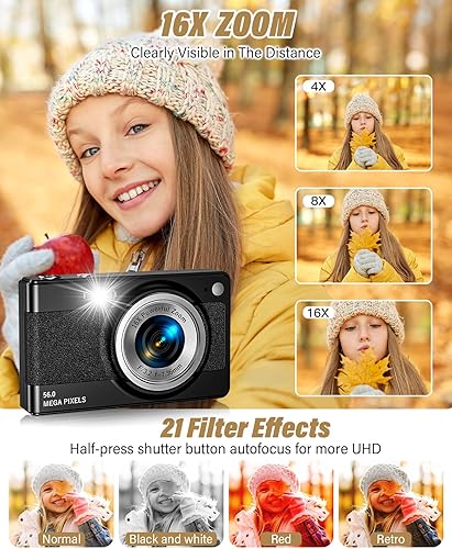 Miniatura 4 de Cámara digital - Cámara digital FHD 1080P de 56 MP para niños, apunta y dispara, con zoom de 16X, antivibración, cámara para niños con portátil
