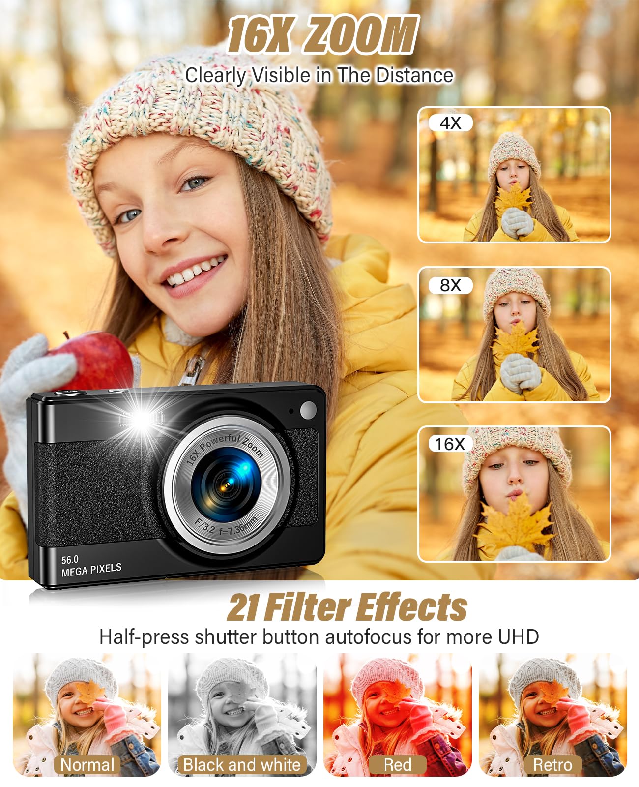 2025 New Digital Camera, 56MP FHD 1080P for Kids with 16x Digital Zoom Anti Shake, Face Detect, Smile Capture, 32GB TF Card, Battery, Lanyard, a Great Gift for Boys & Girls（Black）