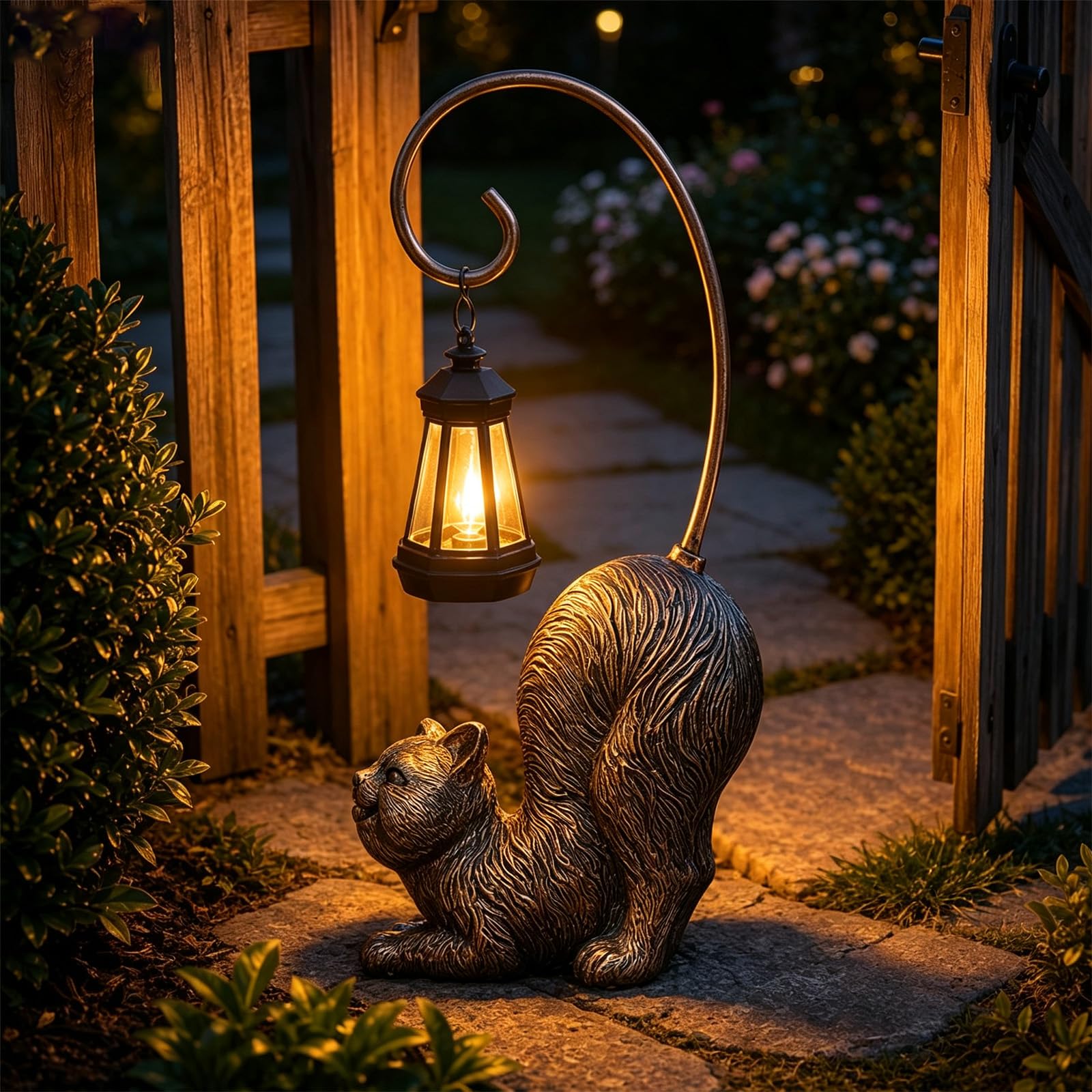 Whisker Wonder Katzenstatue, Solar Katzen Gartenfigur LED wasserdichte Skulpturen Leuchten, Süße Katzenlampe für Outdoor Katzendeko, Harz Katzenstatue Außendeko für Garten (B)