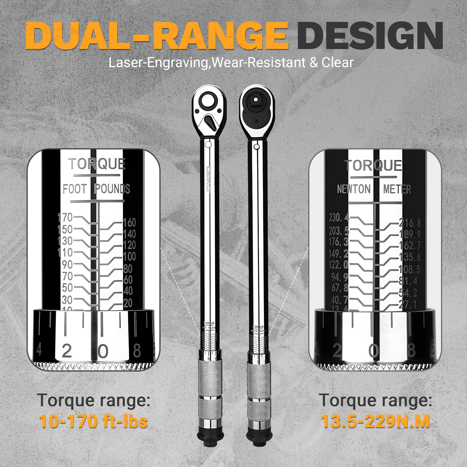 DEKOPRO Llave Dinamométrica 1/2", Llave Dinamométrica para Coche 13.5-229 Nm, Herramienta de Precisión con 72 dientes, Precisión ±3%, para Mantenimiento de Coches, Motos - 3