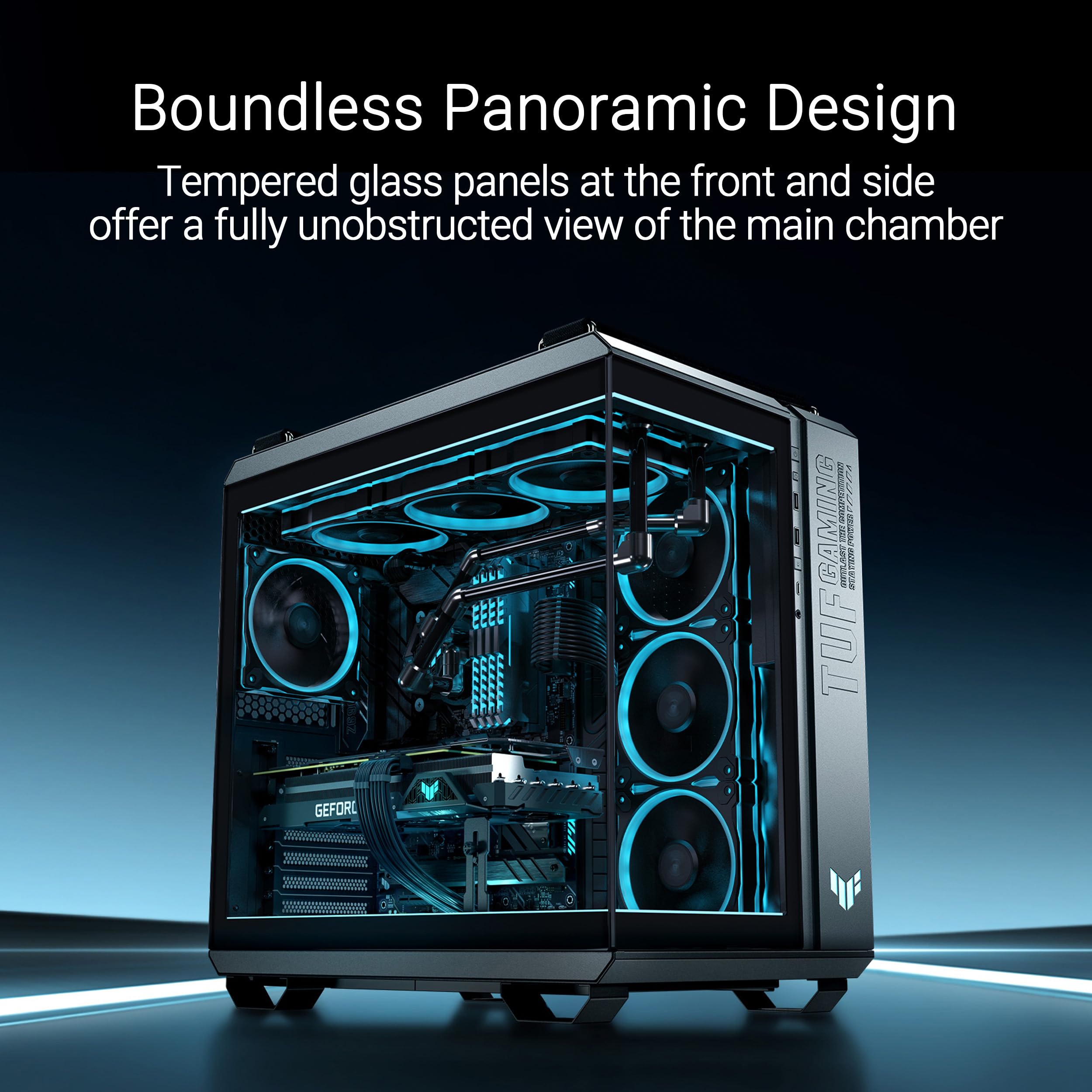 ASUS TUF GAMING GT502 HORIZON TG ARGB BLACK,Chassis a Doppia Camera con Design Panoramico e Pannello in Vetro, 4 Ventole ARGB Preinstallate, Porta USB-C ad Alta Velocità,Montabile senza Attrezzi, Nero