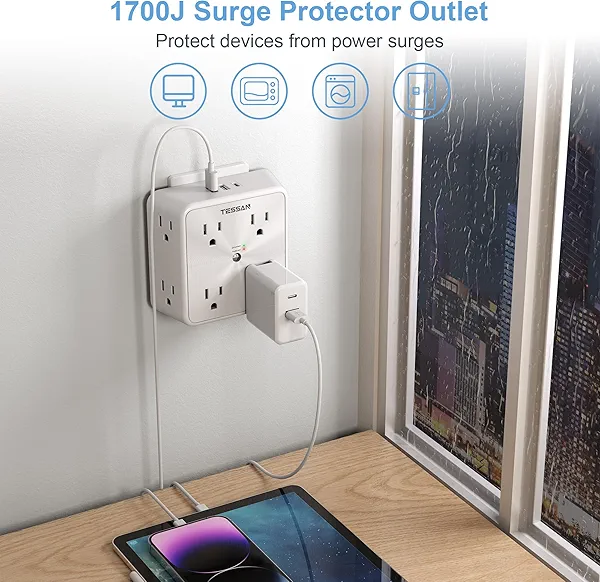 Surge Protector 8 Outlet Extender, TESSAN Multi Outlet Splitter with 3 USB Wall Charger (1 USB C Port), 3-Sided Multiple Plug Power Strip 1700J, Charging Station for Home Office Dorm Room