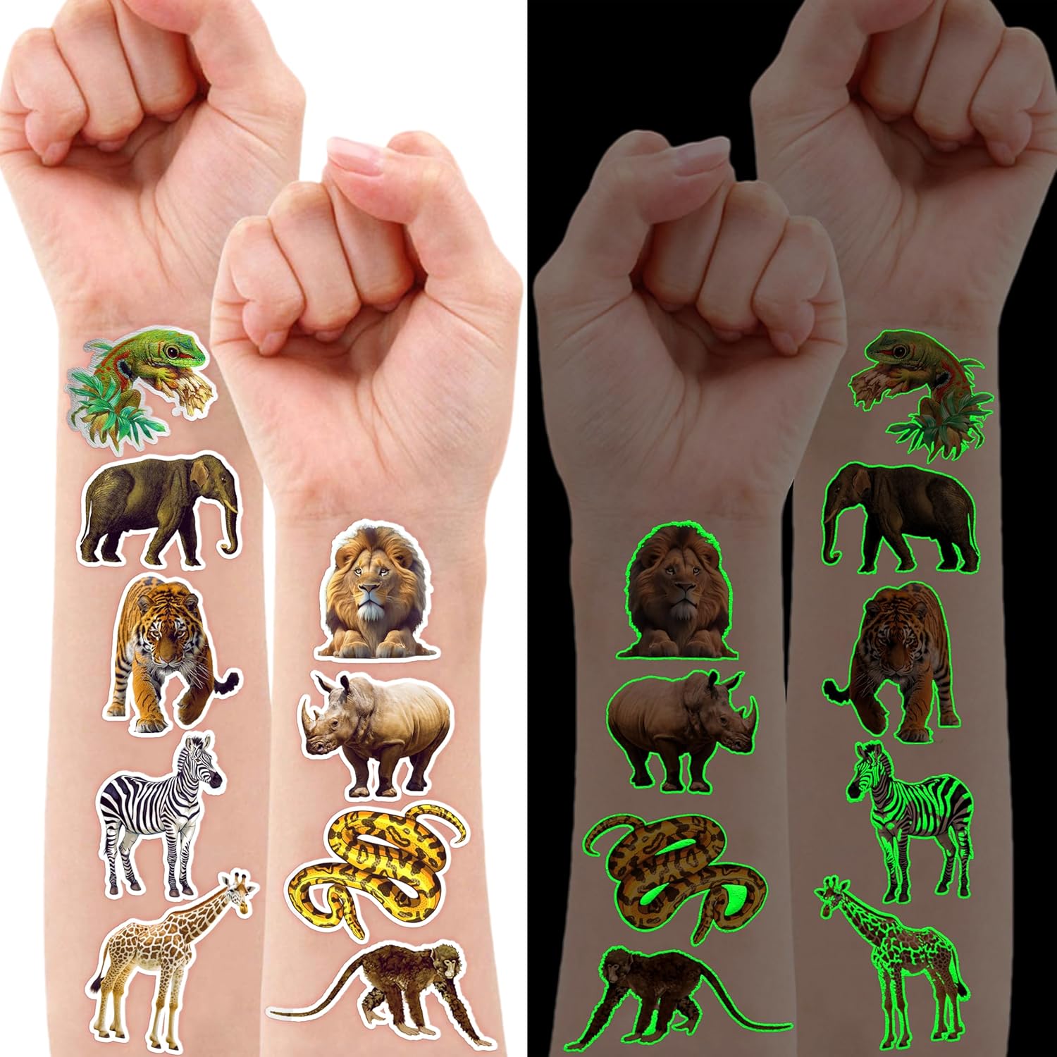 96 PCS Glow In The Dark Realistic Wildlife Jungle Animal Luminous Pre-Cut Temporary Tattoos Sticker Reptile Birthday Party Decorations Supplies Favors Gifts Boys Girls Zoo Cute Fake Tattoo Themed