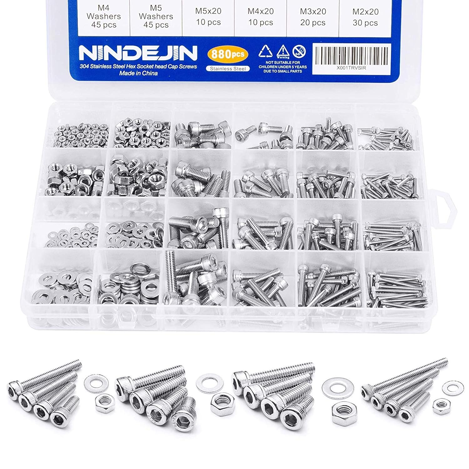 NINDEJIN M2 M3 M4 M5 Hex Socket Cap Screw Machine Screws Assortment Kit, Metric Screws with Nut and Washer & Wrench (580pcs+880pcs, 304 Stainless Steel)