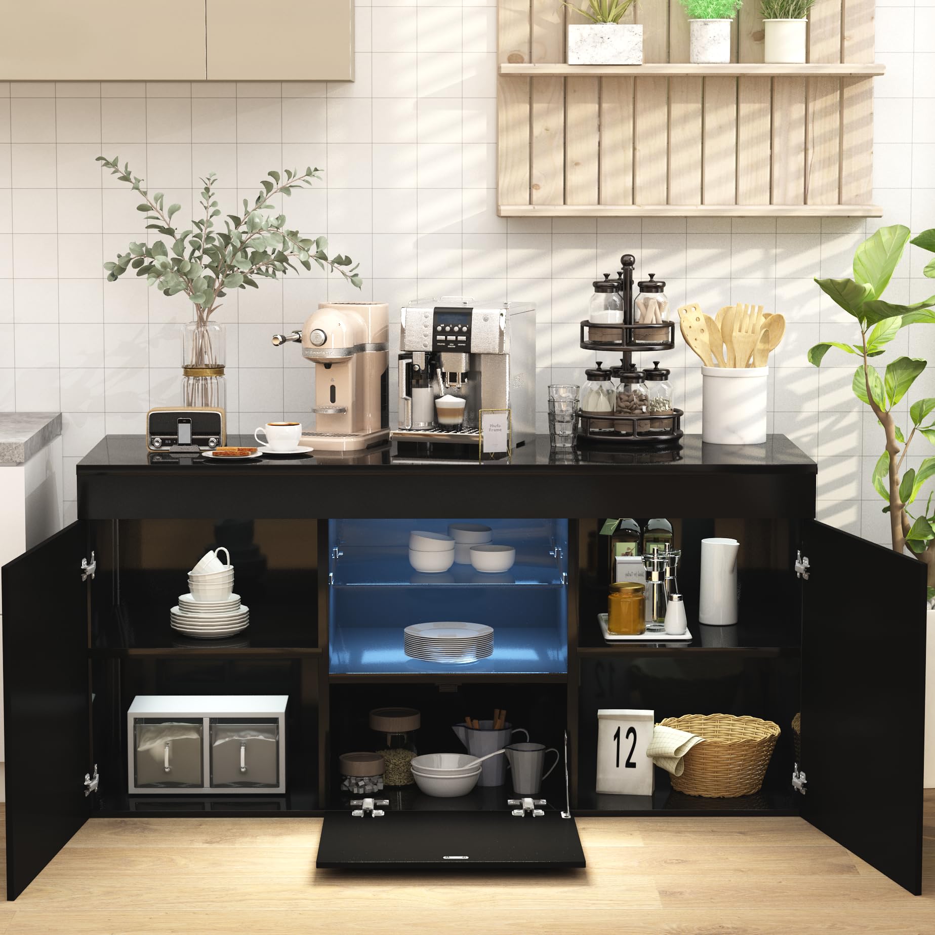 AWQM Black Sideboard, TV Cabinet with Led Lights/20 Colors, High Glossy Panel, UV Coated, Perfect As A Kitchen Cabinet, Bar Cabinet. 53.1" L×13" W×28" H