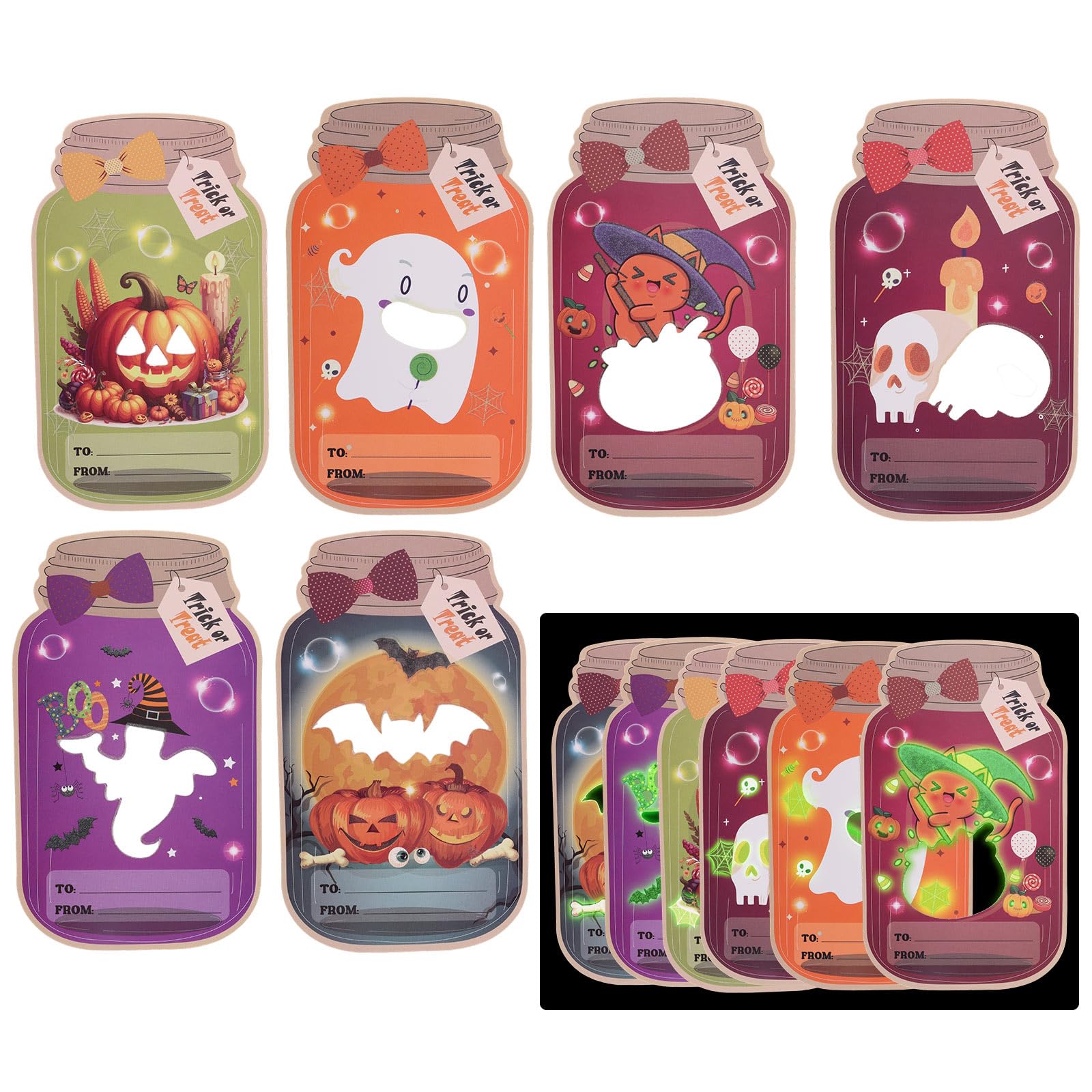 BOXOB 48pcs Luminous Halloween Mason Jar Shaped Cards with 48pcs Candy Bags, Novelty Halloween Gifts for Kids Classroom Prizes DIY Crafts for Trick-or-Treat Party Favors Supplies