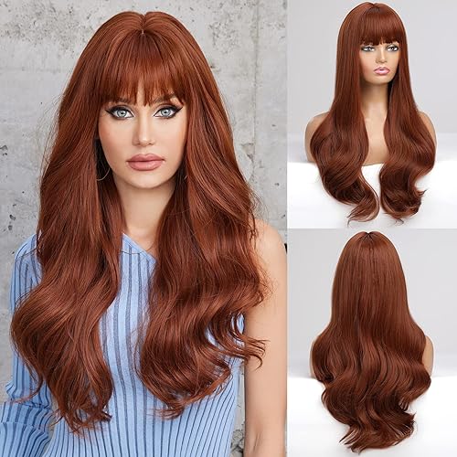 Miniatura 112 de HAIRCUBE Peluca rubia ombré, peluca larga y rizada con flequillo, aspecto natural, peluca sintética resistente al calor Rubio ceniza,Rubio