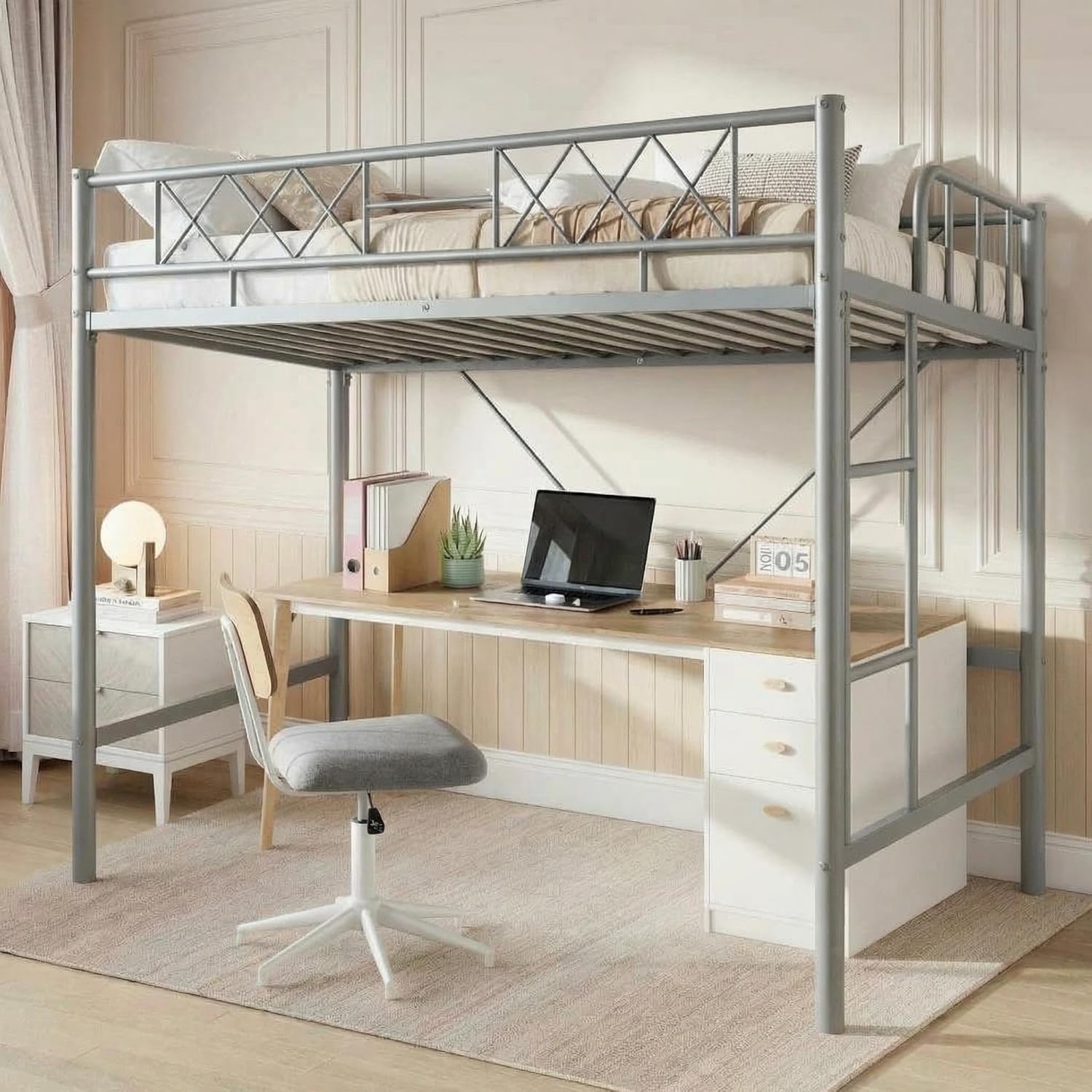 Garvee Twin Size Loft Bed, Heavy Duty Metal Frame with Arched Guardrail, Flat Ladder Rung, and Steel Slat Support, No Box Spring Required, Space Efficient, Gray