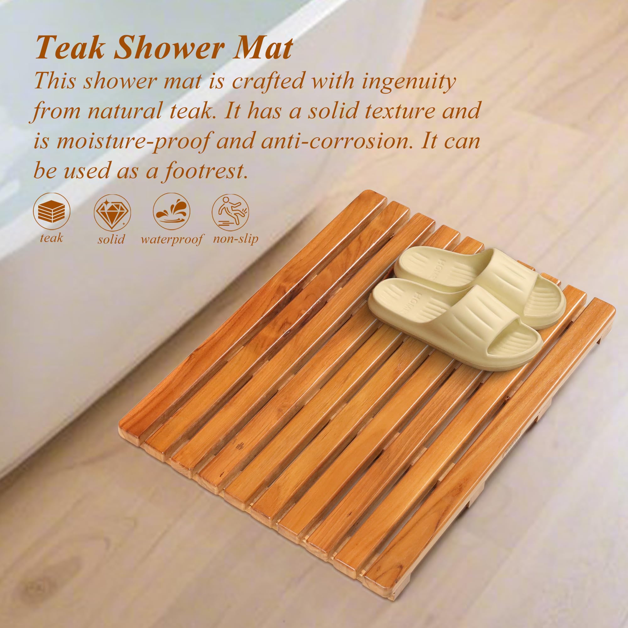 Boflay Teak Wood Bath Mat,Wooden Shower Mat, Bathtub Mat,Water-Resistant & Anti-Slip Teak Floor Mat,Easy to Clean Indoor or Outdoor,Max 300 lbs(B.Mat)