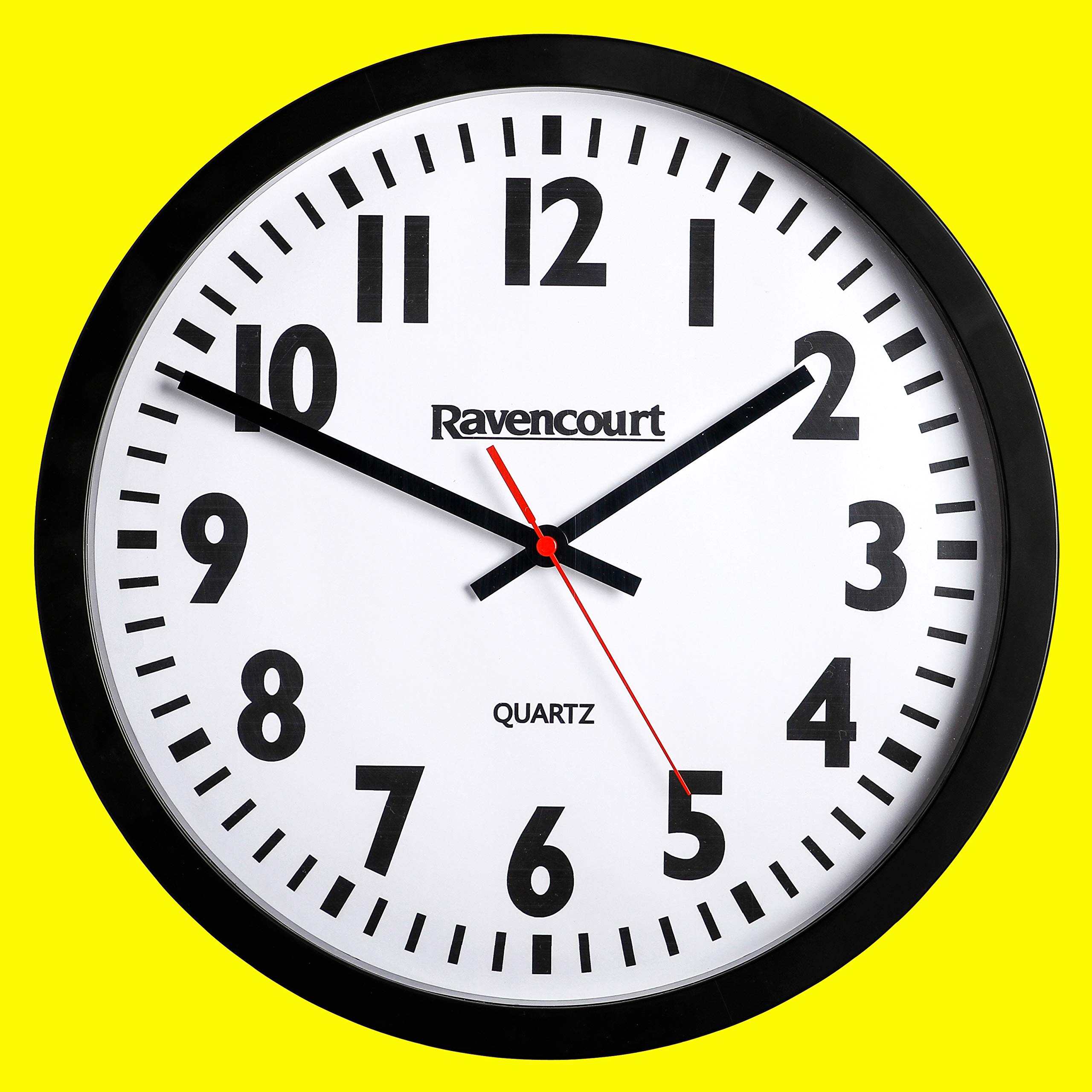 Reloj analógico de Cuarzo Ravencourt para escuelas, hospitales, oficinas y hogares Números de Alto Contraste Funciona con Pilas Marco Negro con Esfera Blanca Mediano-Grande: Esfera de 35 cm