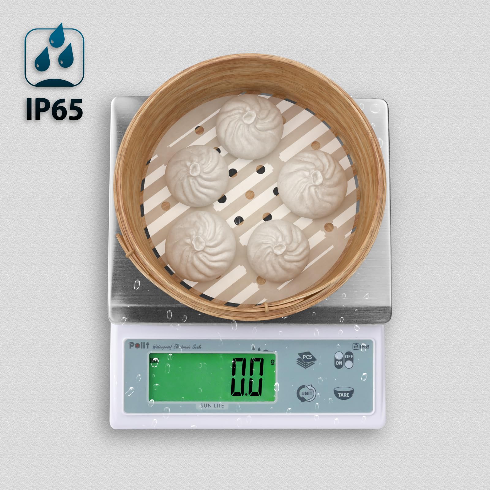 Polit Sun Lite - Báscula digital de cocina para alimentos, 3 kg, precisión de 1 g a 0,1 g, acero inoxidable impermeable con pantalla LCD, 5 unidades de peso (con adaptador de corriente)