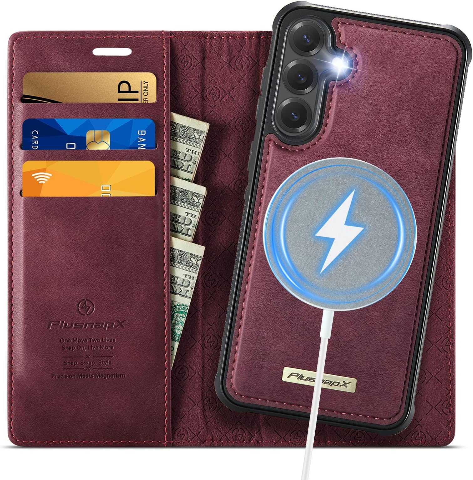 Wallet Case for Samsung Galaxy S24 Compatible with Magsafe, 2-in-1 PU Leather Flip RFID Blocking Card Holder Stand Shockproof Magnetic Detachable Cover for Galaxy S24 Case 6.2", Burgundy