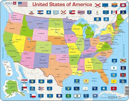 Larsen K12 United States Political Map   48-Piece Boxless Tray Jigsaw Puzzle   Educational Geography Learning for Kids Age 4+   Includes State Flags & Capitals   English Edition