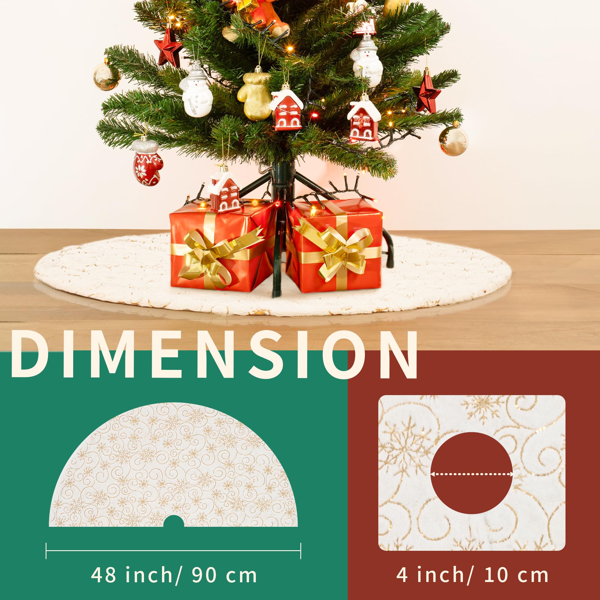 GIGALUMI Gonna per albero di Natale, 90 cm, con fiocchi di neve, in finta pelliccia, per Natale, casa, feste, decorazioni (bianco/oro