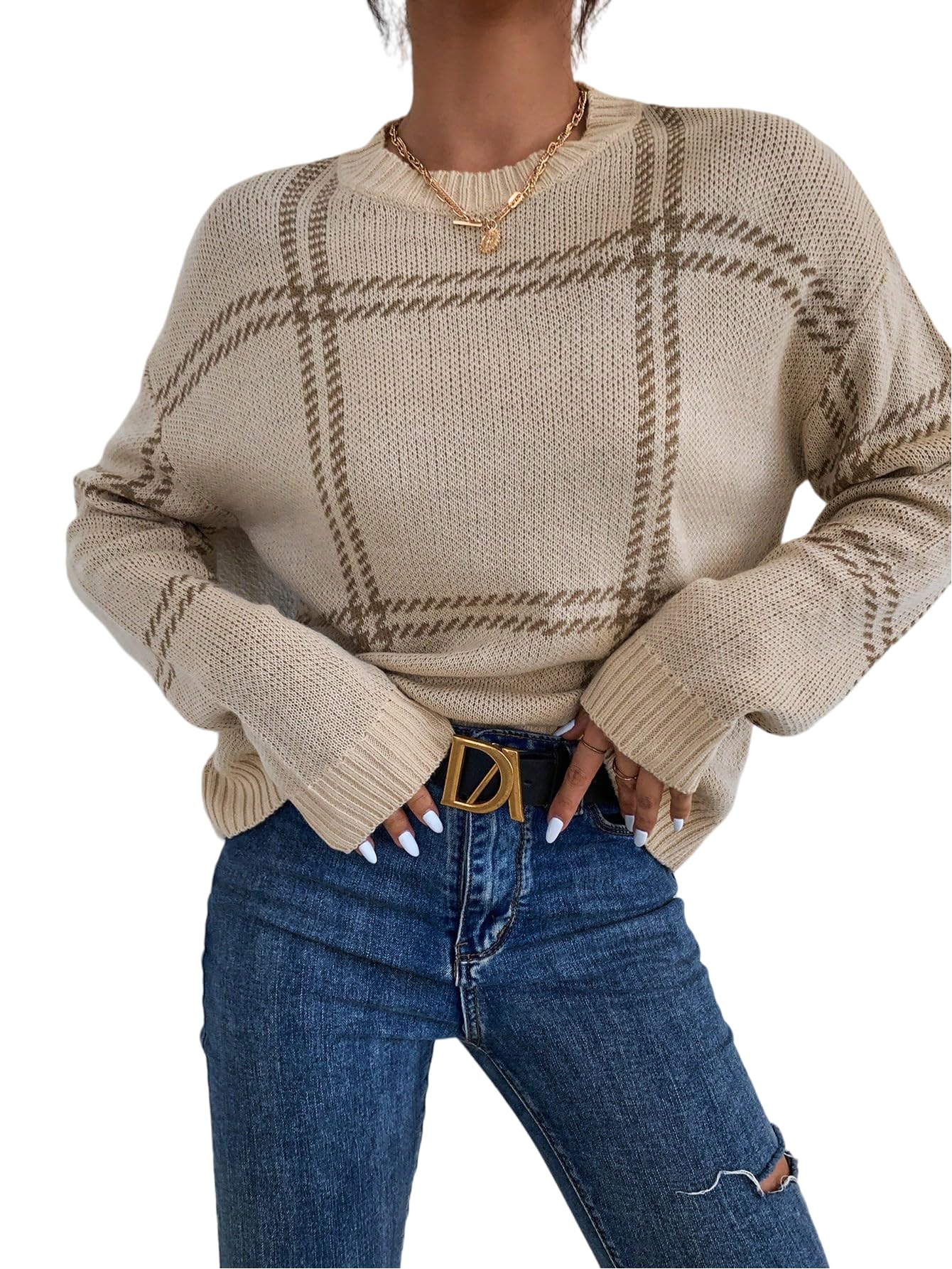 Womens Pullover Knit Sweater Plaid Crew Neck Long Sleeve Knitted Cute Trendy Cozy Sweaters for Fall and Winter