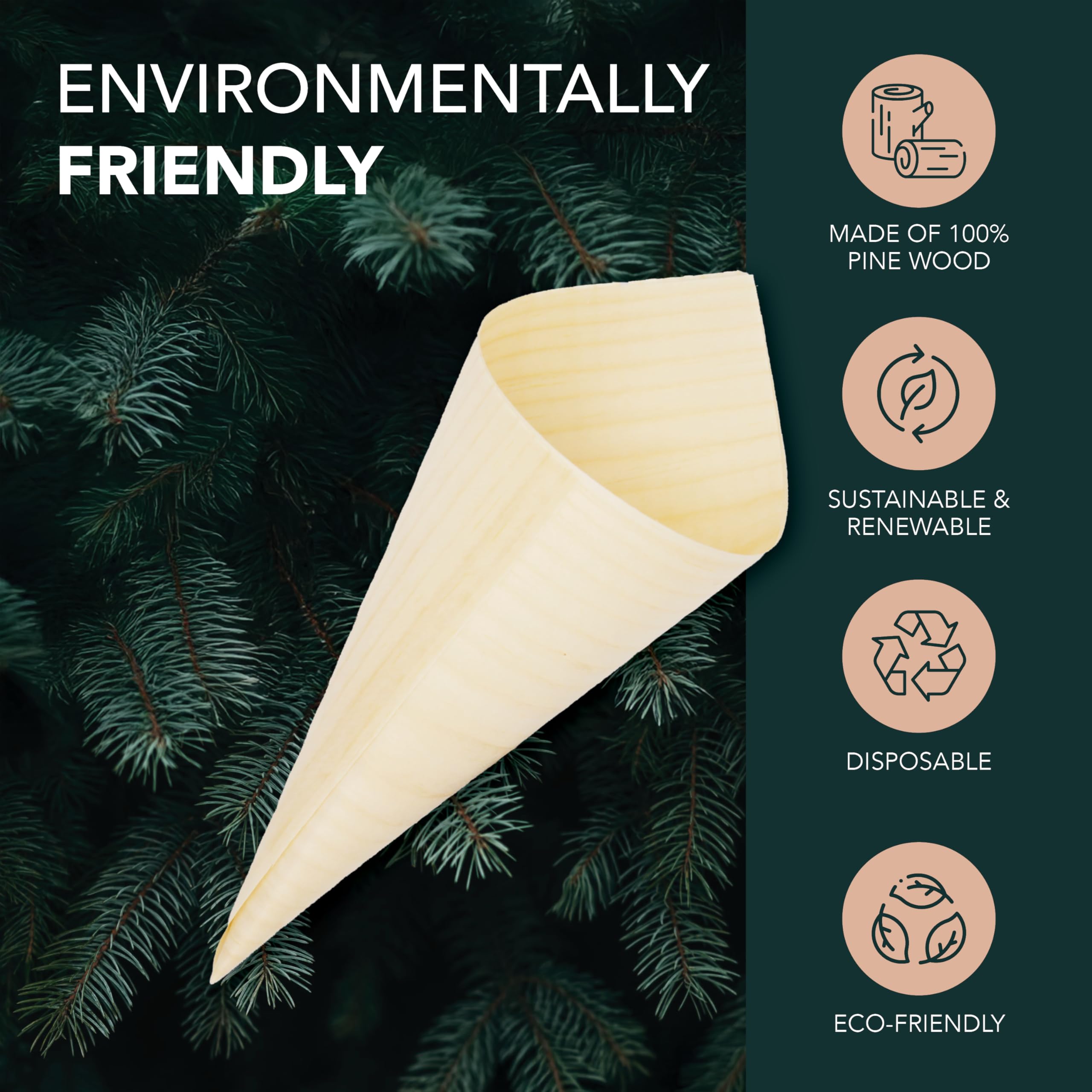 Party Essentials Juego de miniware desechable ecológico y biodegradable para presentación de alimentos, aperitivos, frutas, embutidos, manualidades, conos de madera de 5 pulgadas de alto, 100 piezas,