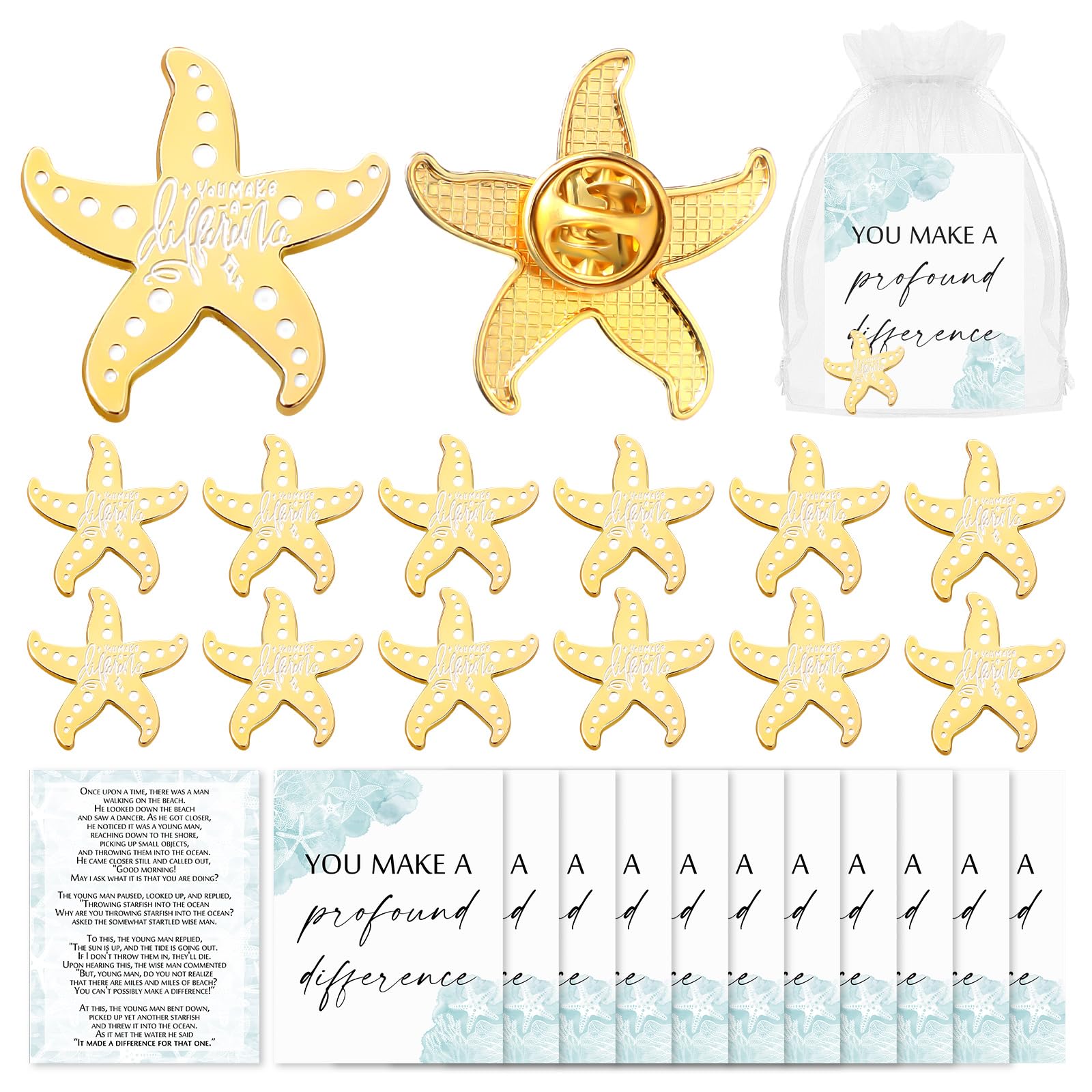Tondiamo 24 Sets Starfish Story Gifts Employee Appreciation Gift You Make a Difference Pins Starfish Shaped Lapel Pins Starfish Story Cards and Organza Bags Social Worker Gifts for Staff Coworkers