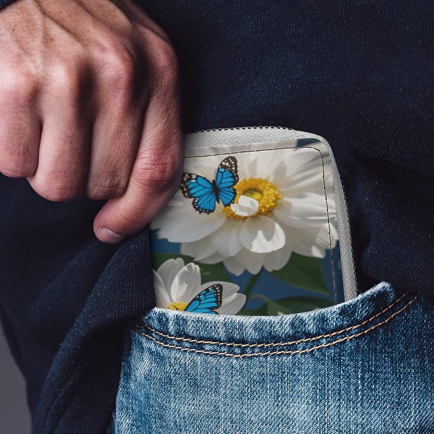 Leather Card Organizer Case Card Wallet Credit Card Holder White Blooms Blue Butterflies Printed Zipper Card Cases Holder for Women Men