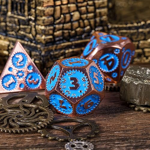 Miniatura 4 de Juego de dados de metal con diseño de equipo mecánico, dados DND para Calabozos y Dragones, 7 dados poliédricos D&D con bolsa de cuero para juegos