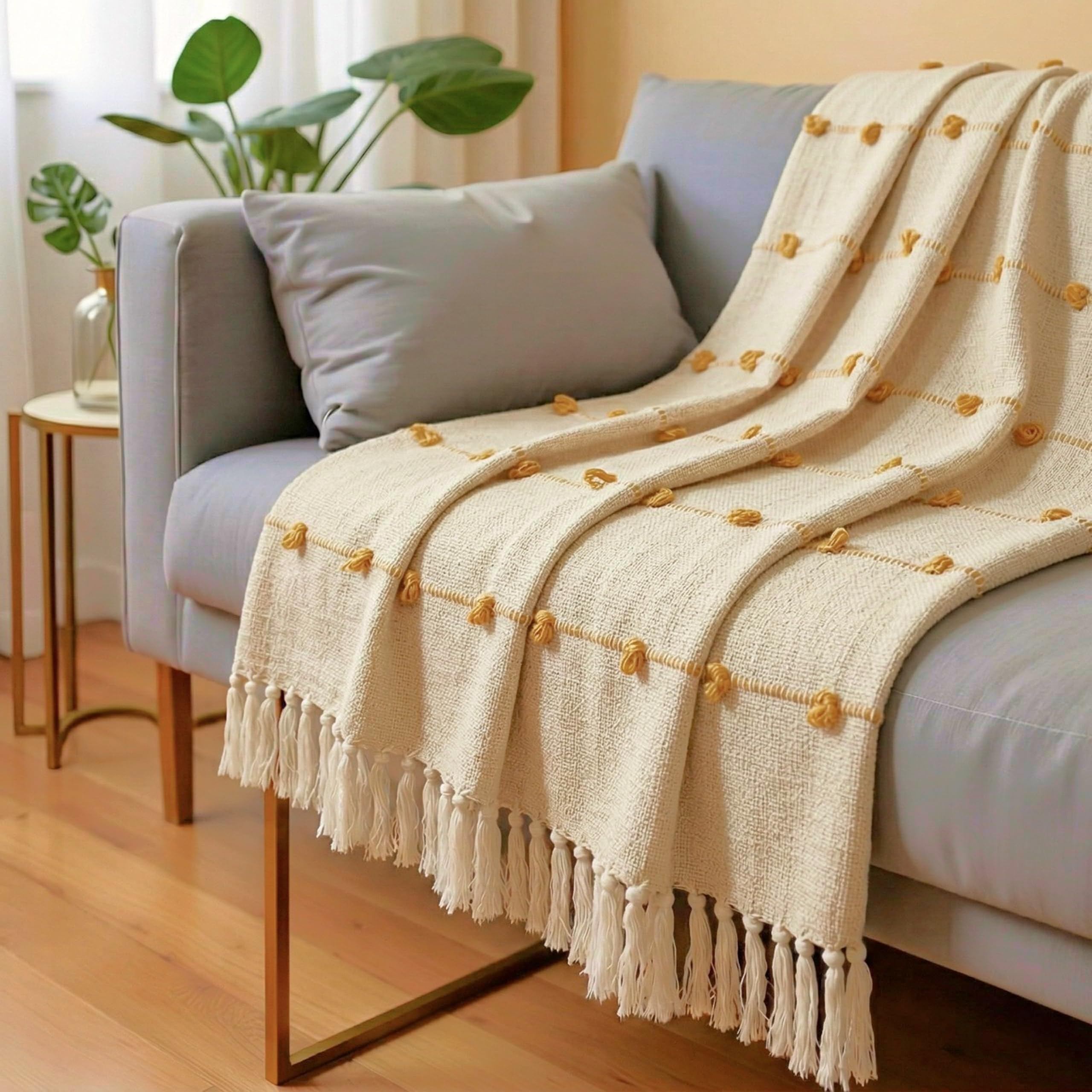 SAJAVAT HOME Hand-Knitted Pure Cotton 3 Seater Sofa Throw | 80x52 Inches/204x132 Cm | Throw for Sofa, Bed, Chair & Travel - Ideal for All Season | Pack of 1 (Beige & Yellow)-image-45