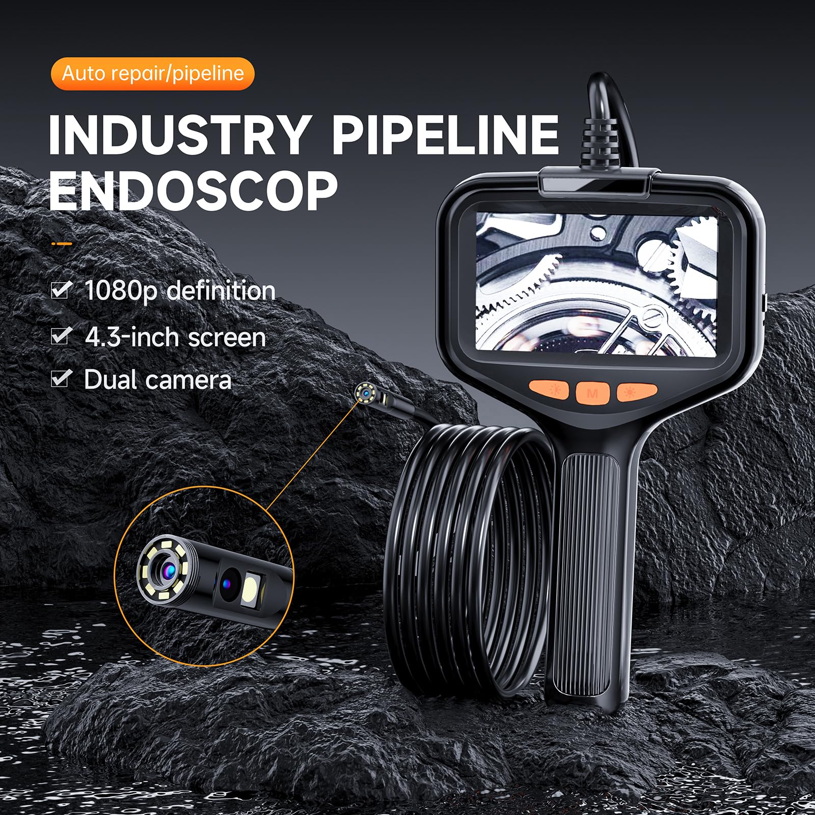 Pusilin Dual Lens Endoscope Camera, 4.3 Inch Screen Inspection Camera, 1920P Borescope Camera with Lights, Pipe Snake Camera, 3.28ft Semi-Rigid Snake Camera