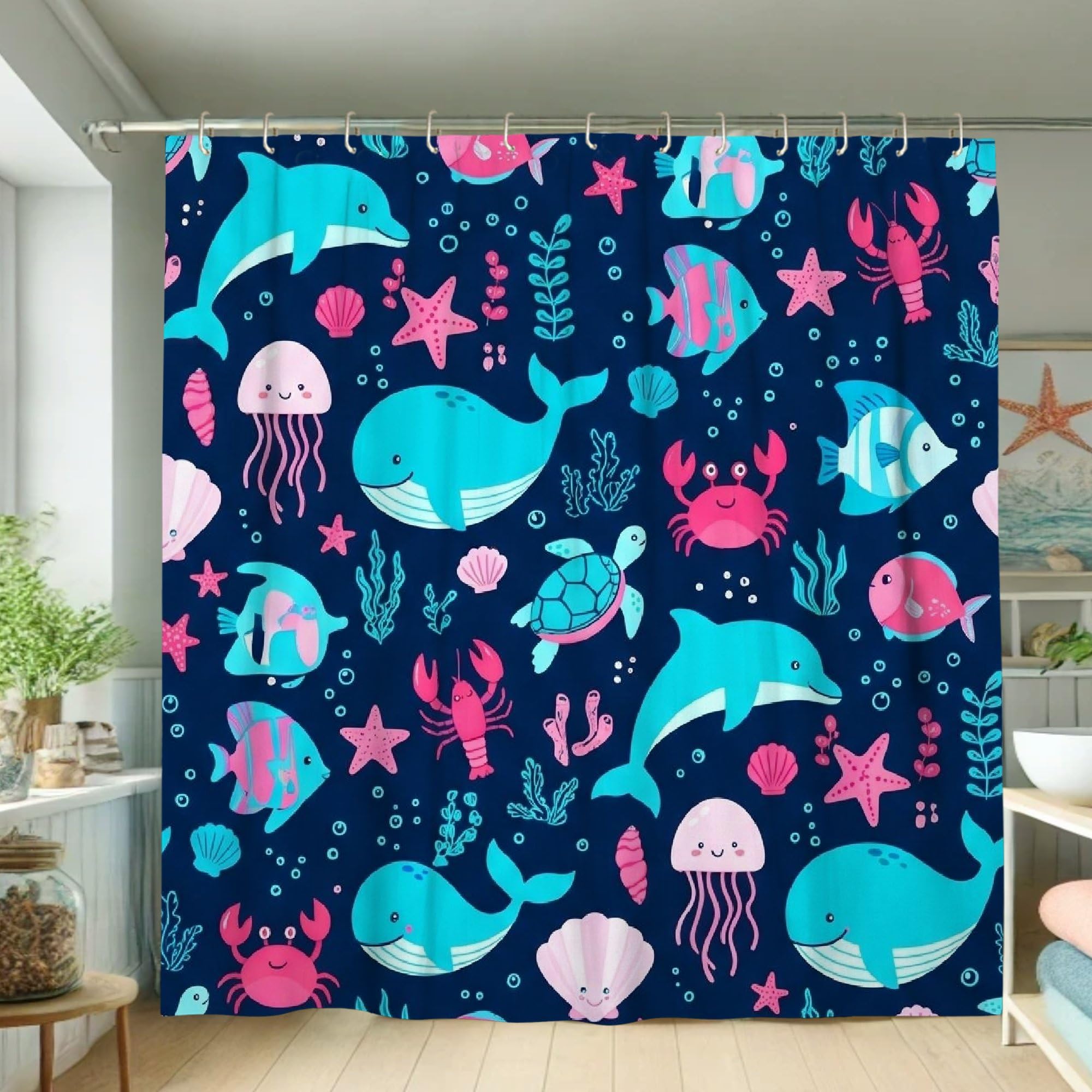 Rideau de douche baleine et méduse bleu 183x183 cm pour salle de bain